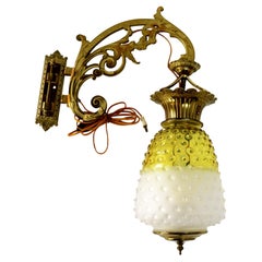 Antique Brass, Gilt Bronze & Hobnail Amberina Glass Hanging Pendant Sconce c1890