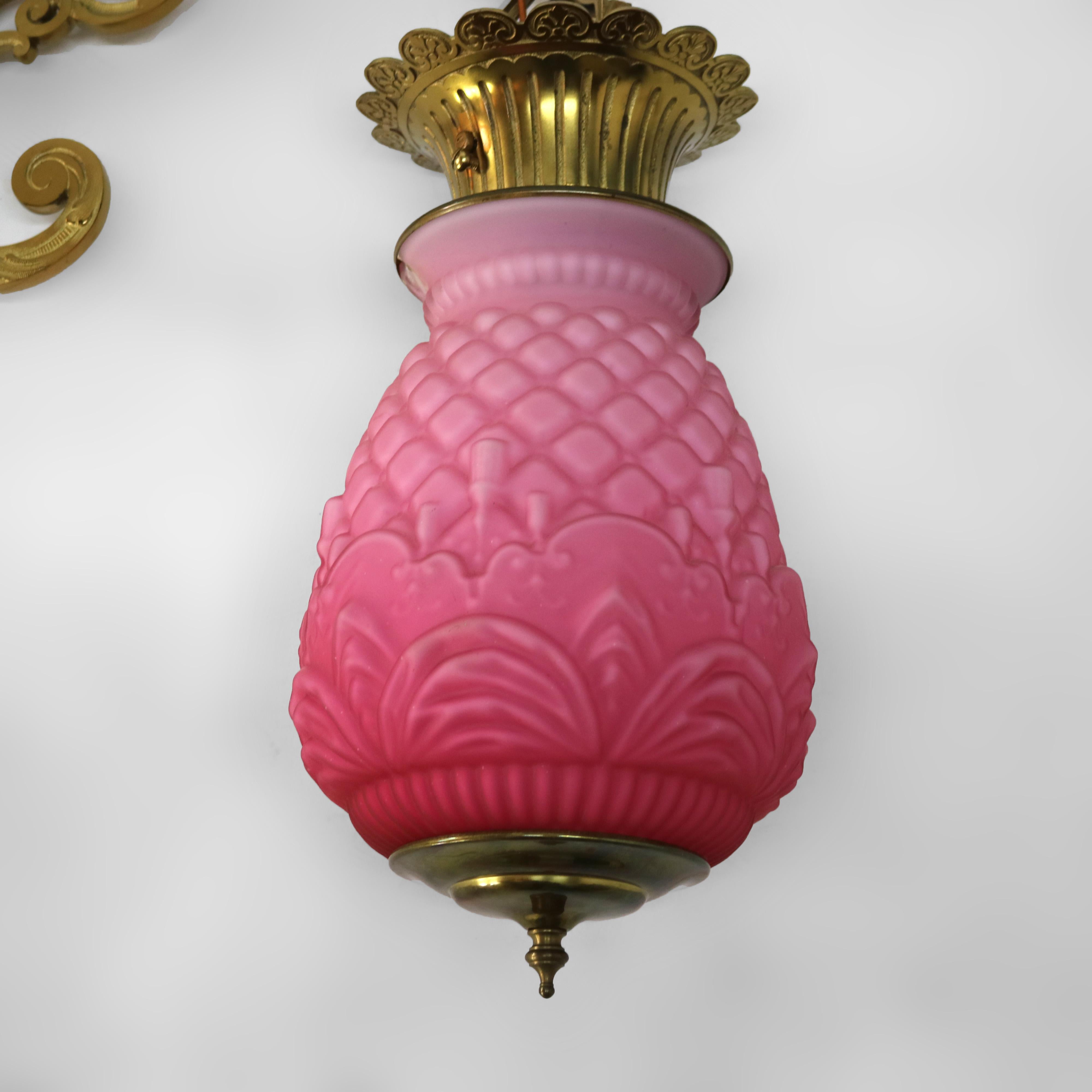 Antique Brass, Gilt Bronze & Quilted Pink Satin Glass  Hanging Pendant Sconce with Foliate Form Frame c1890

Measures- 28
