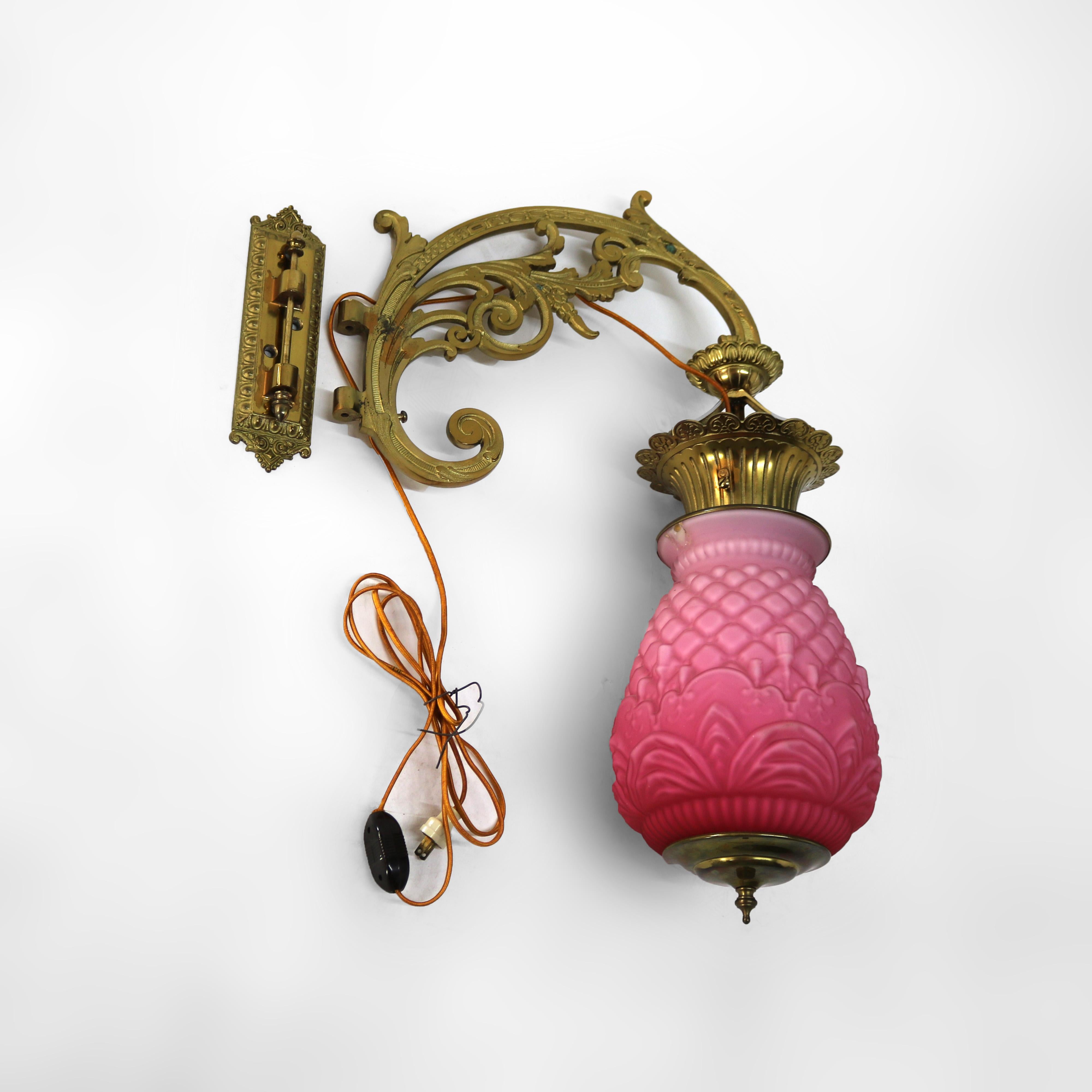 American Antique Brass, Gilt Bronze & Quilted Pink Satin Glass  Hanging Pendant Sconce For Sale