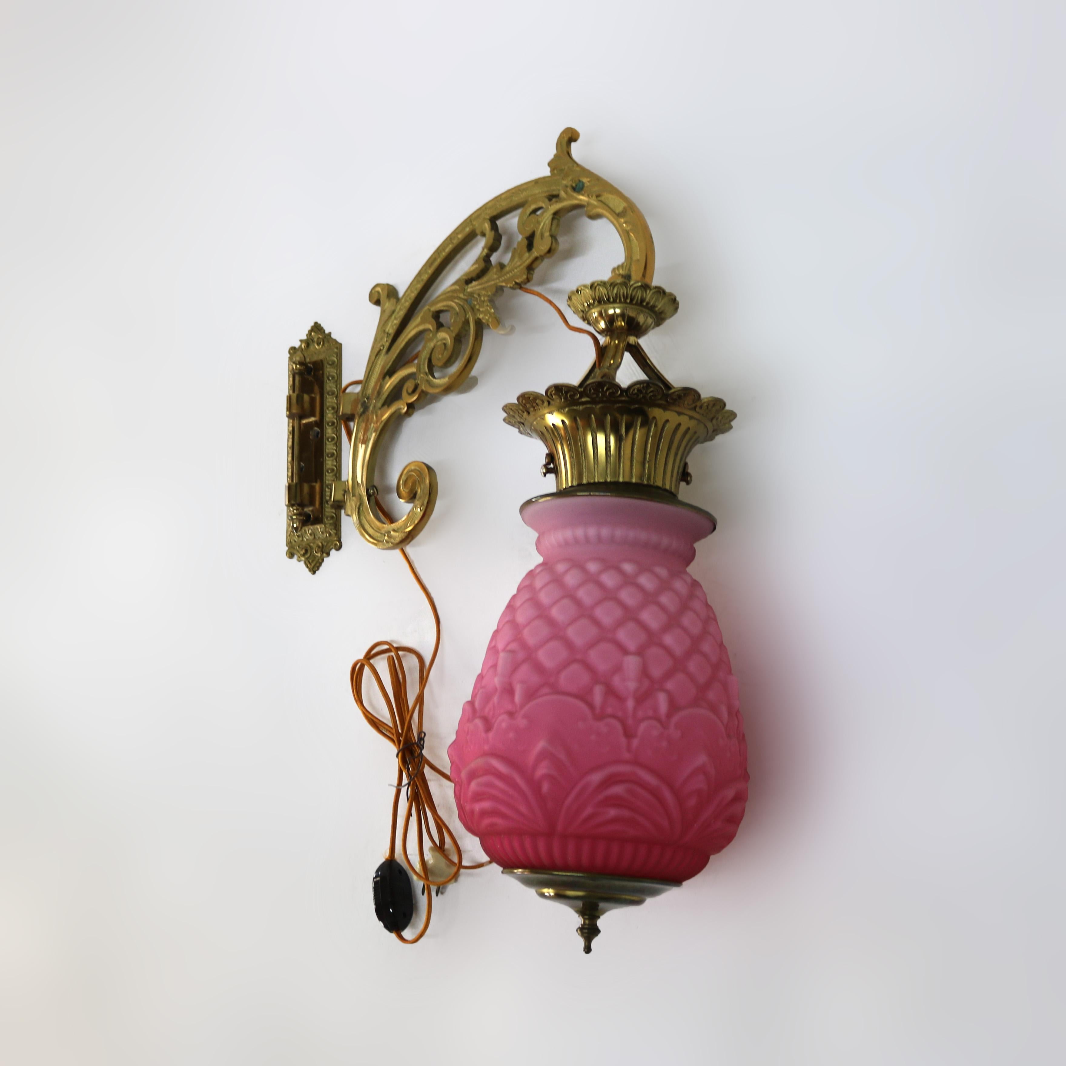 Antique Brass, Gilt Bronze & Quilted Pink Satin Glass  Hanging Pendant Sconce In Good Condition For Sale In Big Flats, NY