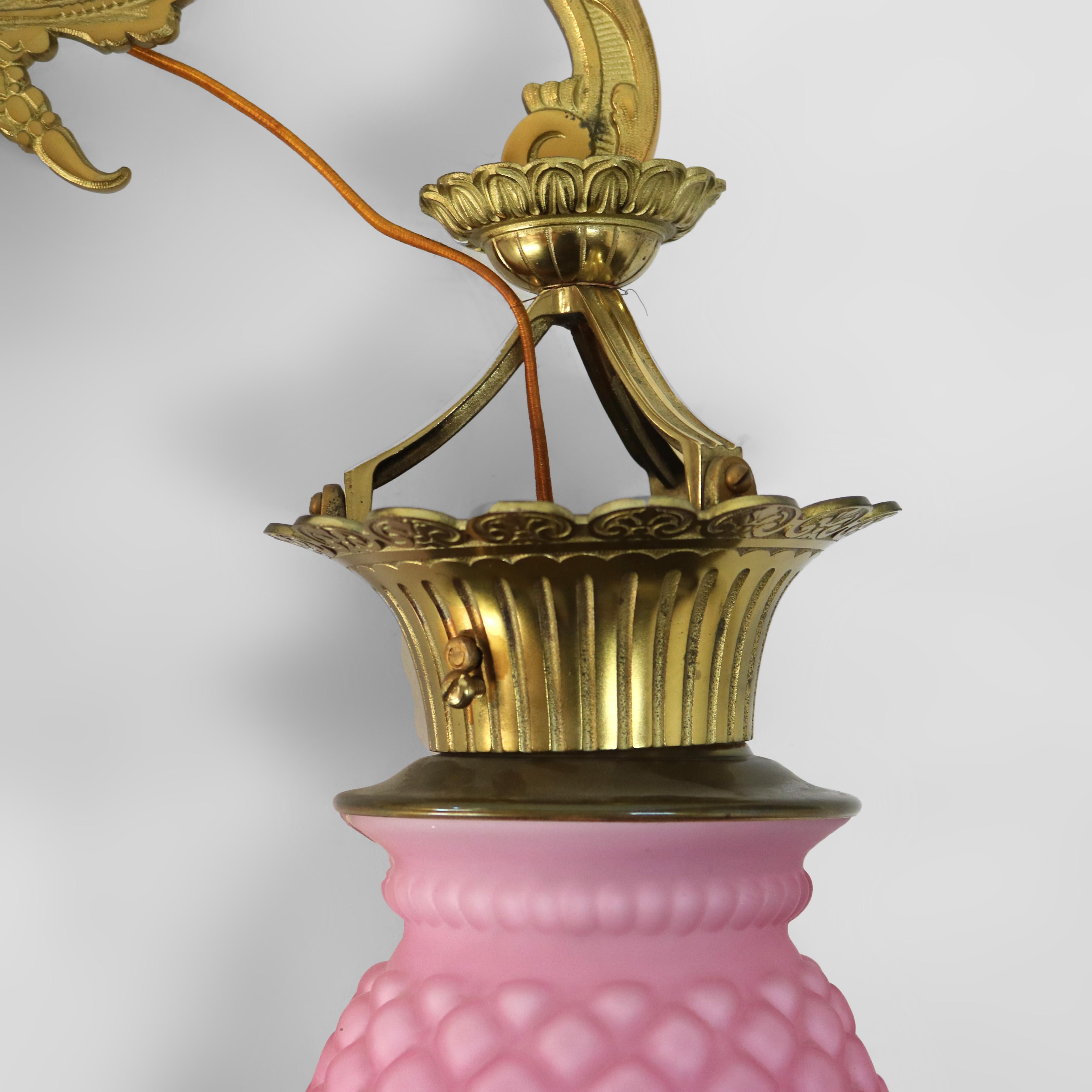 19th Century Antique Brass, Gilt Bronze & Quilted Pink Satin Glass  Hanging Pendant Sconce For Sale