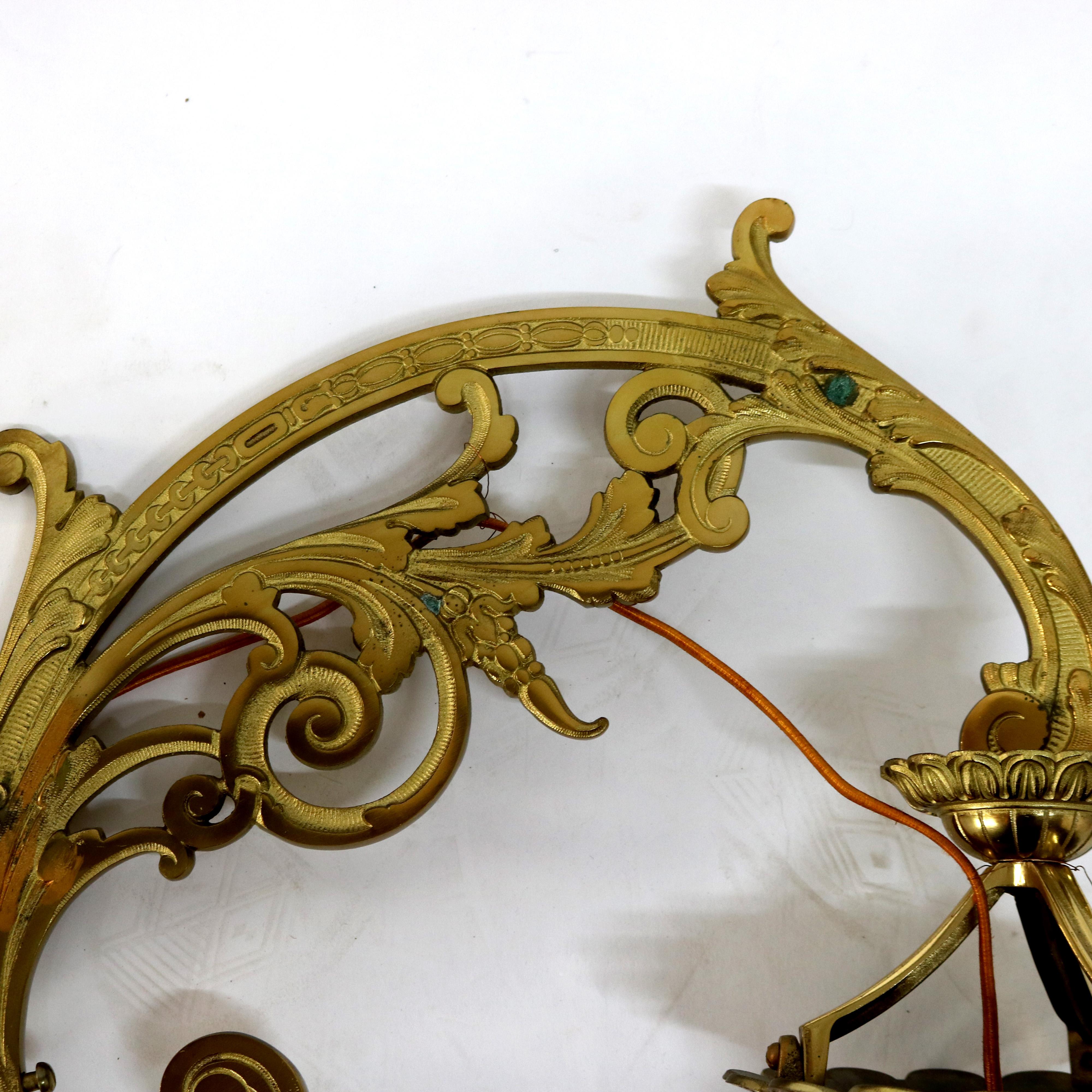Antique Brass, Gilt Bronze & Quilted Pink Satin Glass  Hanging Pendant Sconce For Sale 1