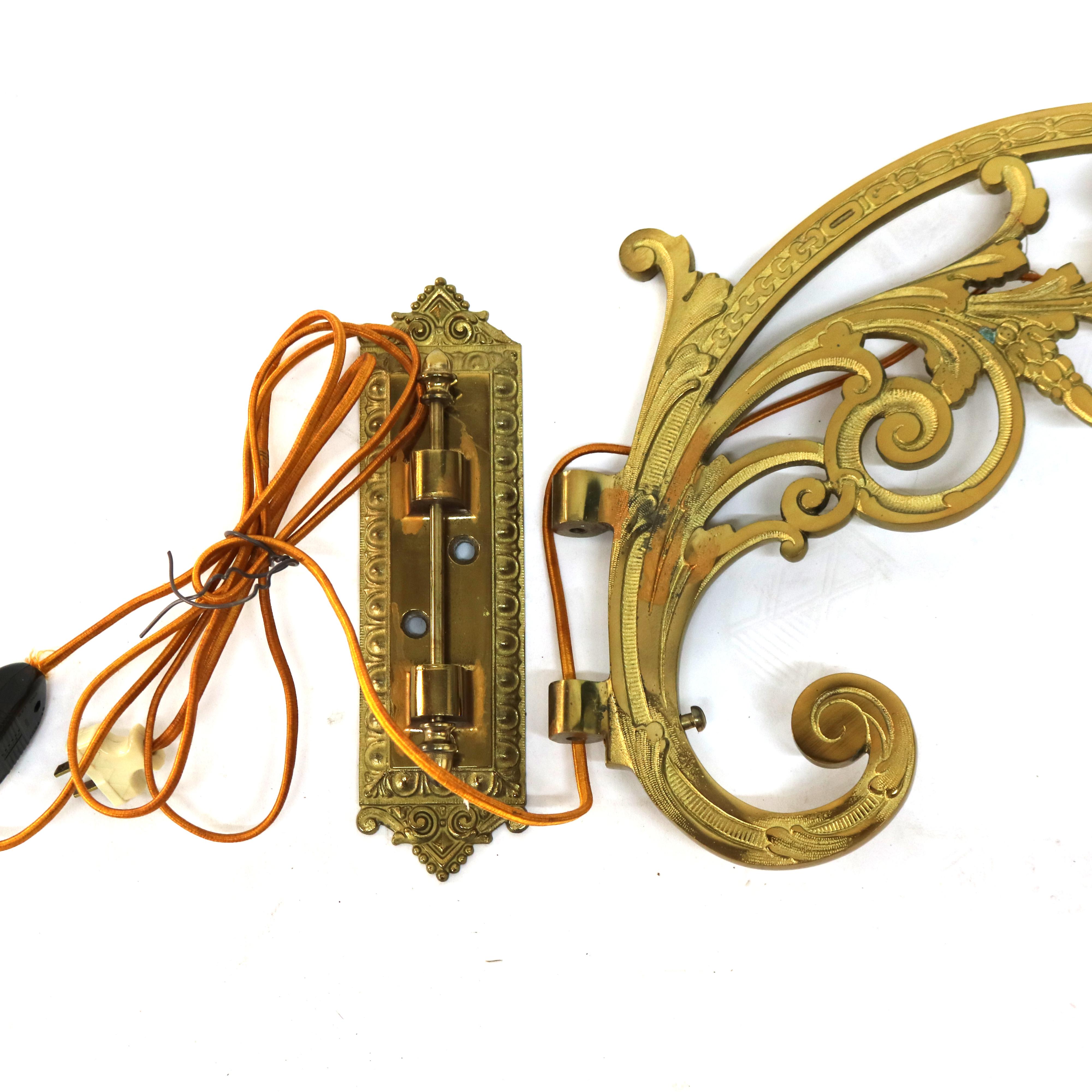 Antique Brass, Gilt Bronze & Quilted Pink Satin Glass  Hanging Pendant Sconce For Sale 2
