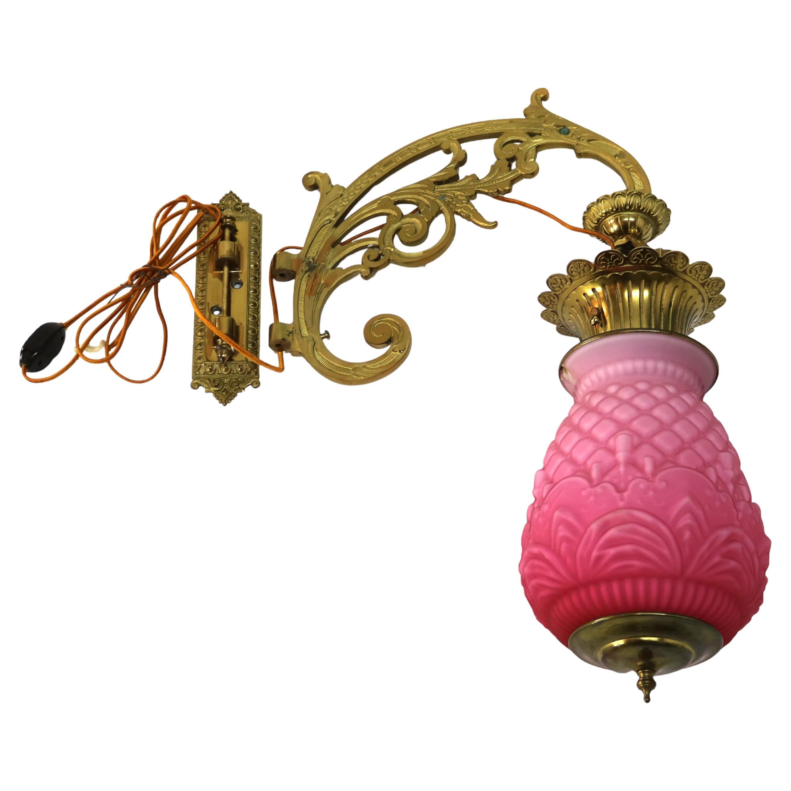 Antique Brass, Gilt Bronze & Quilted Pink Satin Glass  Hanging Pendant Sconce For Sale