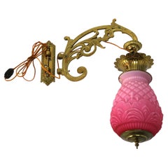 Antique Brass, Gilt Bronze & Quilted Pink Satin Glass  Hanging Pendant Sconce