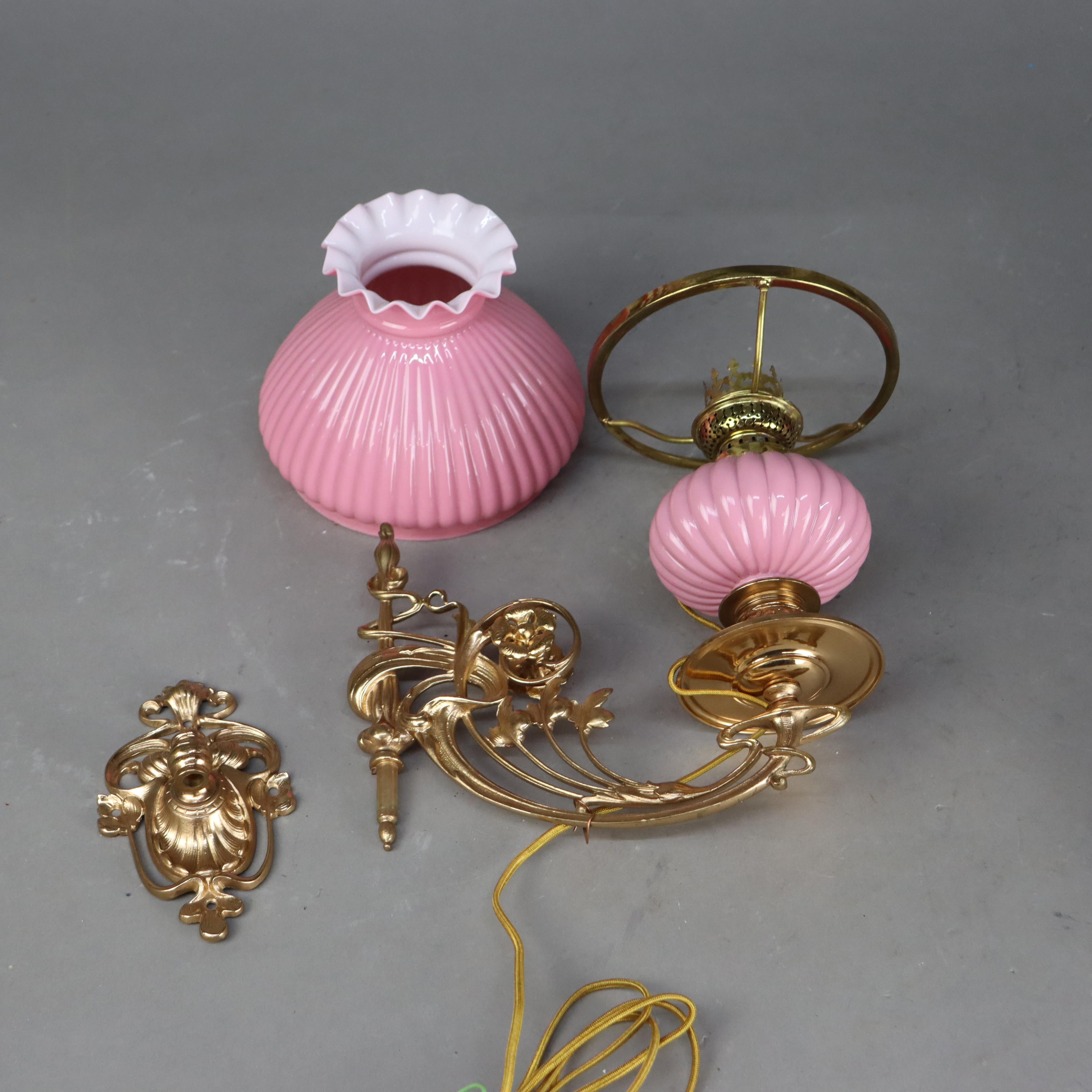 North American Antique Brass & Gilt Bronze Wall Sconces with Ribbed Pink Cased Glass Shades
