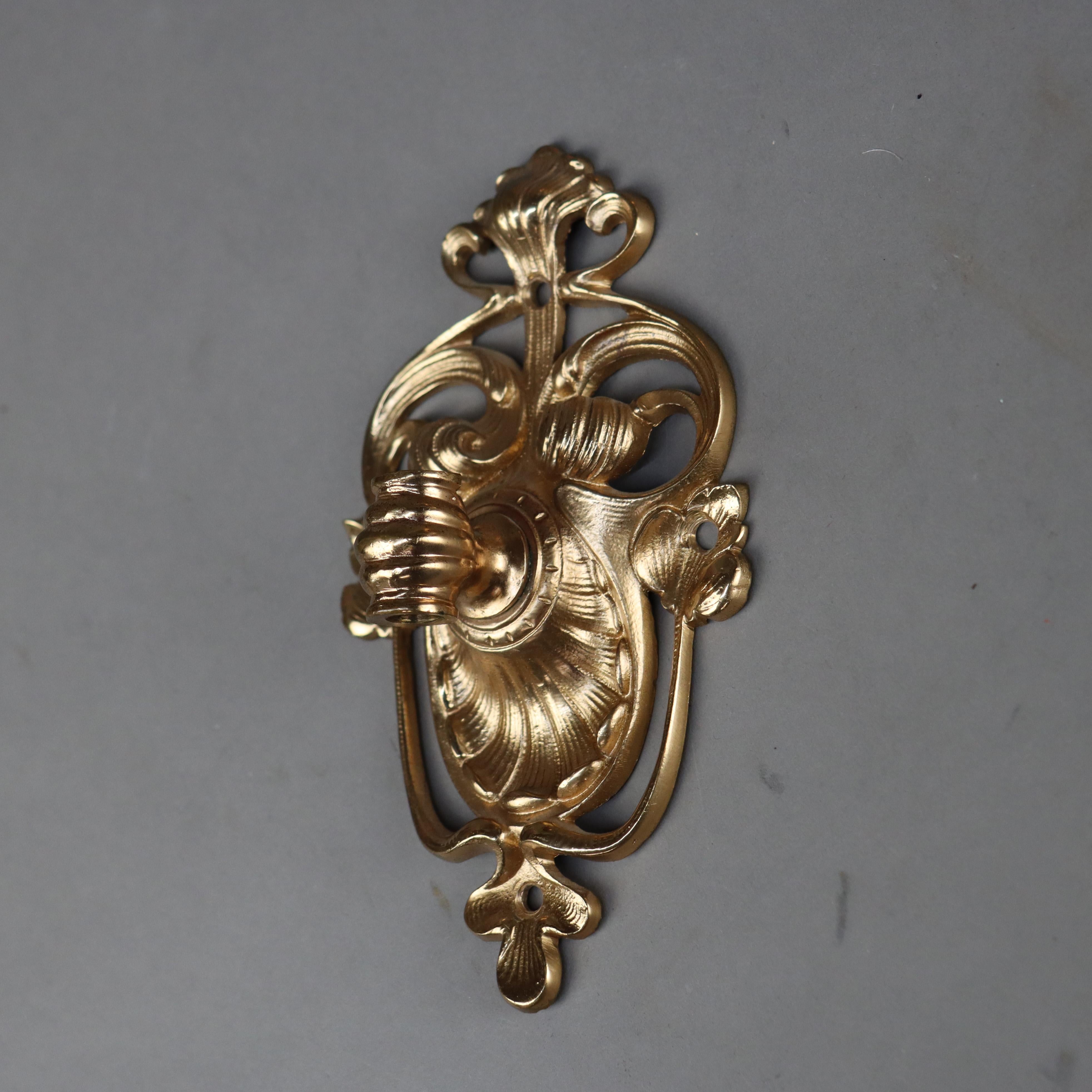 Antique Brass & Gilt Bronze Wall Sconces with Ribbed Pink Cased Glass Shades In Good Condition In Big Flats, NY