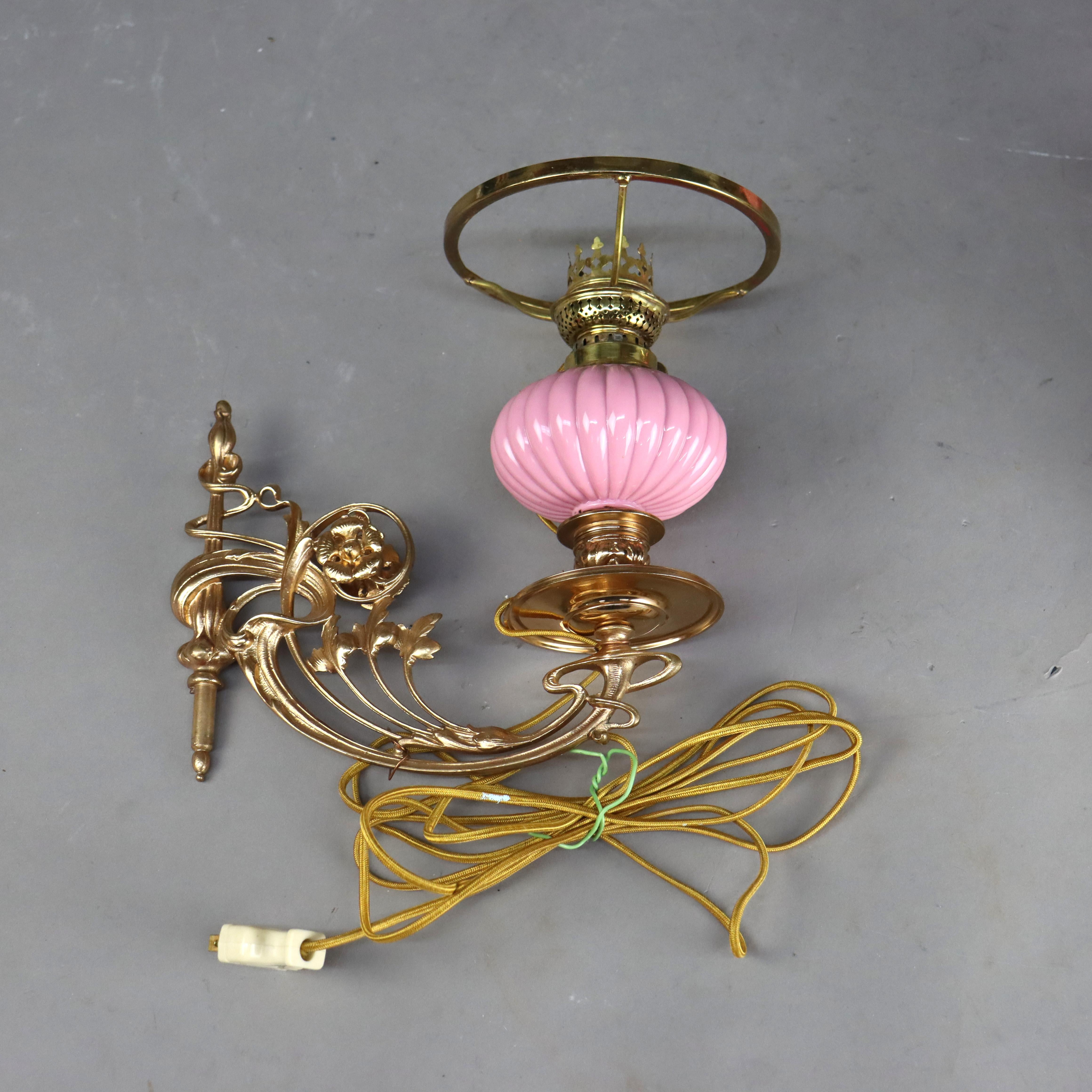 19th Century Antique Brass & Gilt Bronze Wall Sconces with Ribbed Pink Cased Glass Shades