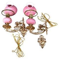 Antique Brass & Gilt Bronze Wall Sconces with Ribbed Pink Cased Glass Shades