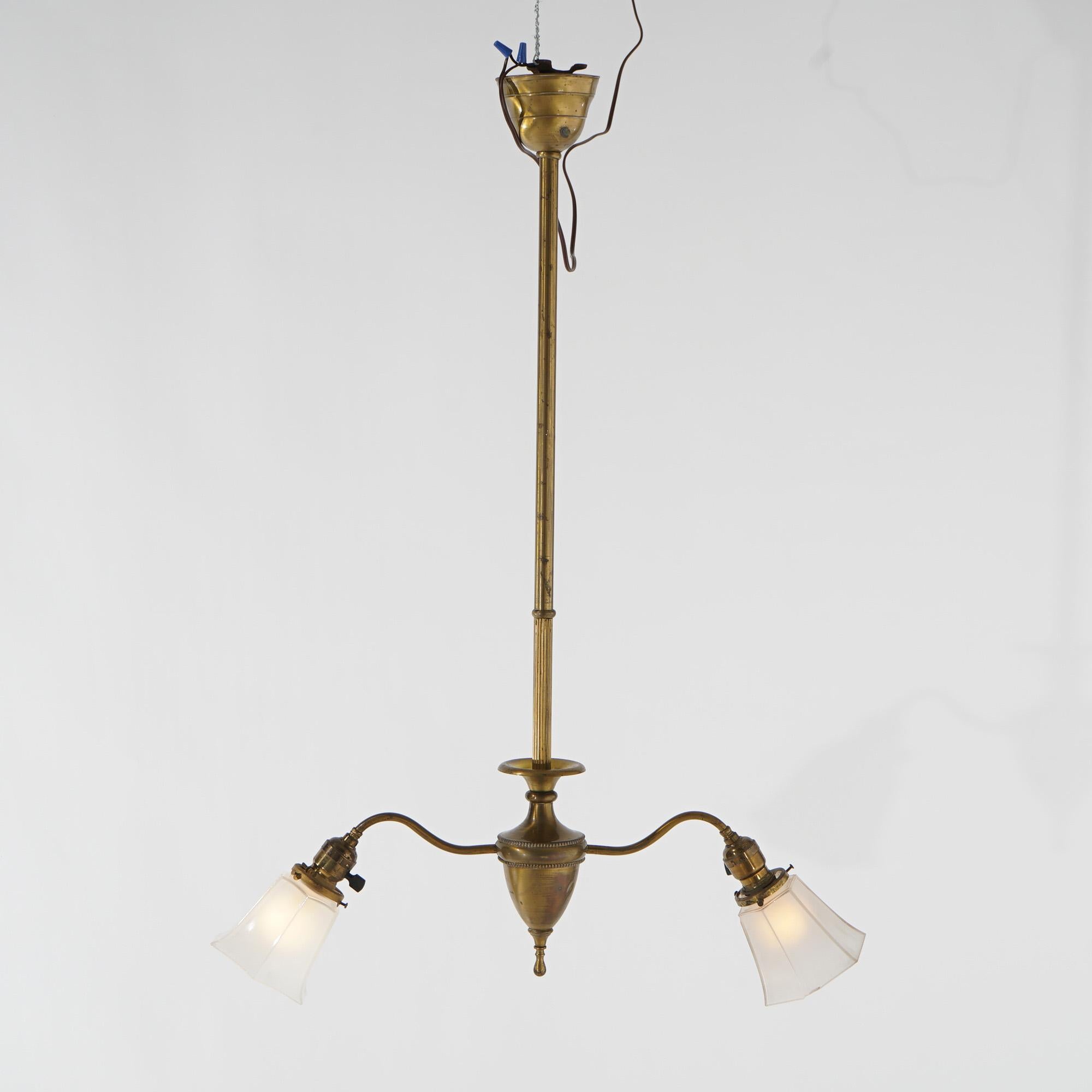 American Antique Brass & Gilt Metal Two-Light Ceiling Fixture Circa 1920 For Sale
