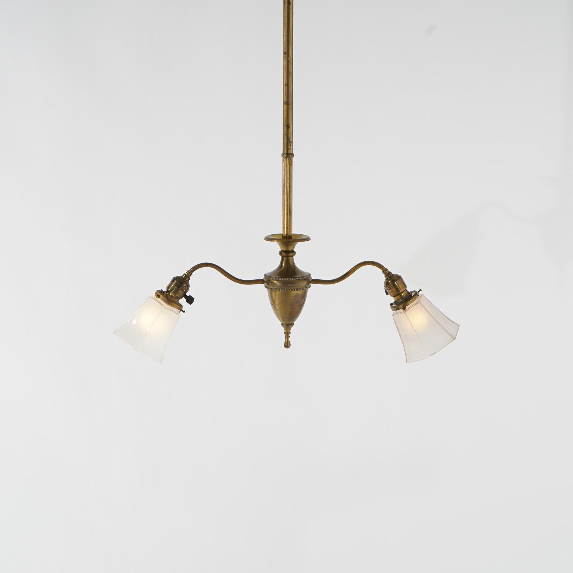 Antique Brass & Gilt Metal Two-Light Ceiling Fixture Circa 1920 In Good Condition For Sale In Big Flats, NY
