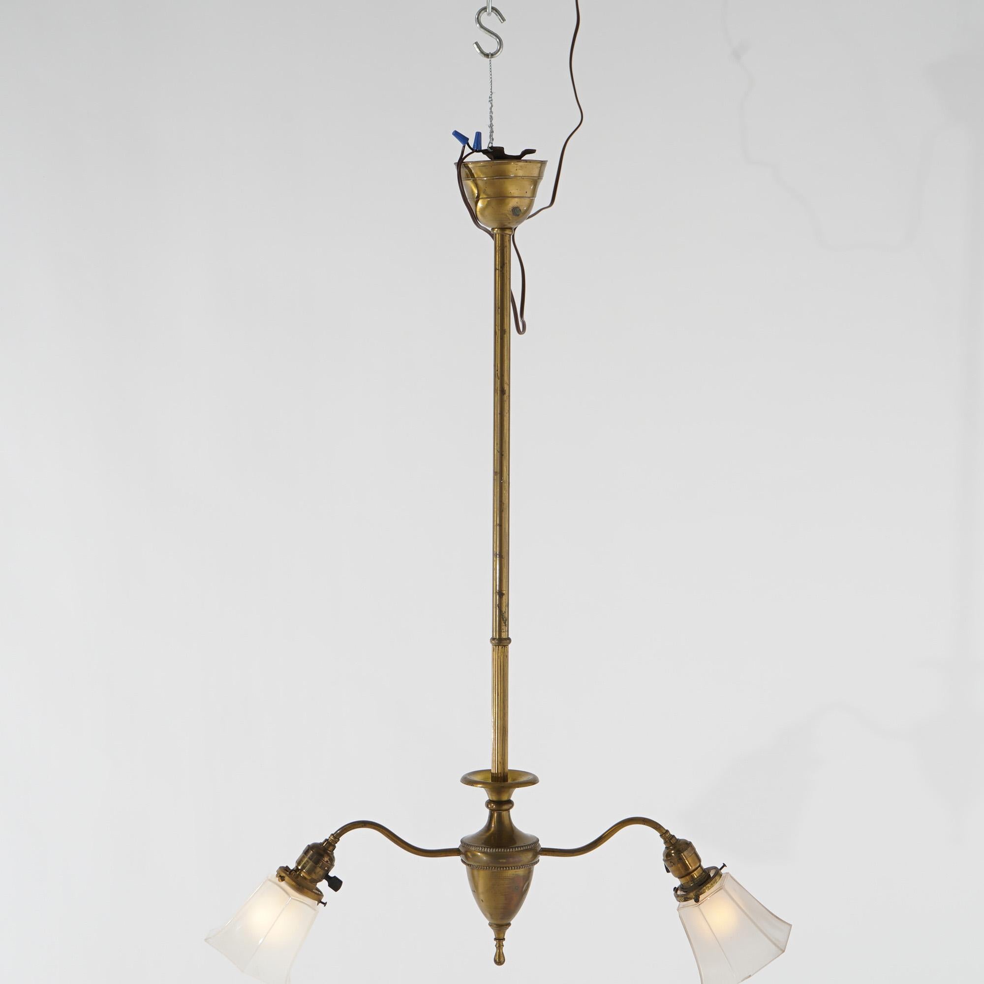 20th Century Antique Brass & Gilt Metal Two-Light Ceiling Fixture Circa 1920 For Sale