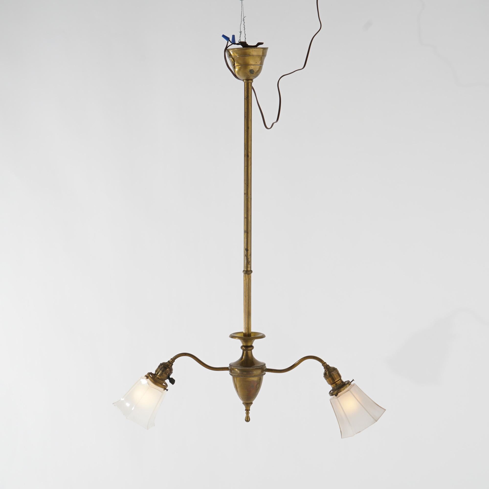 Antique Brass & Gilt Metal Two-Light Ceiling Fixture Circa 1920 For Sale 1