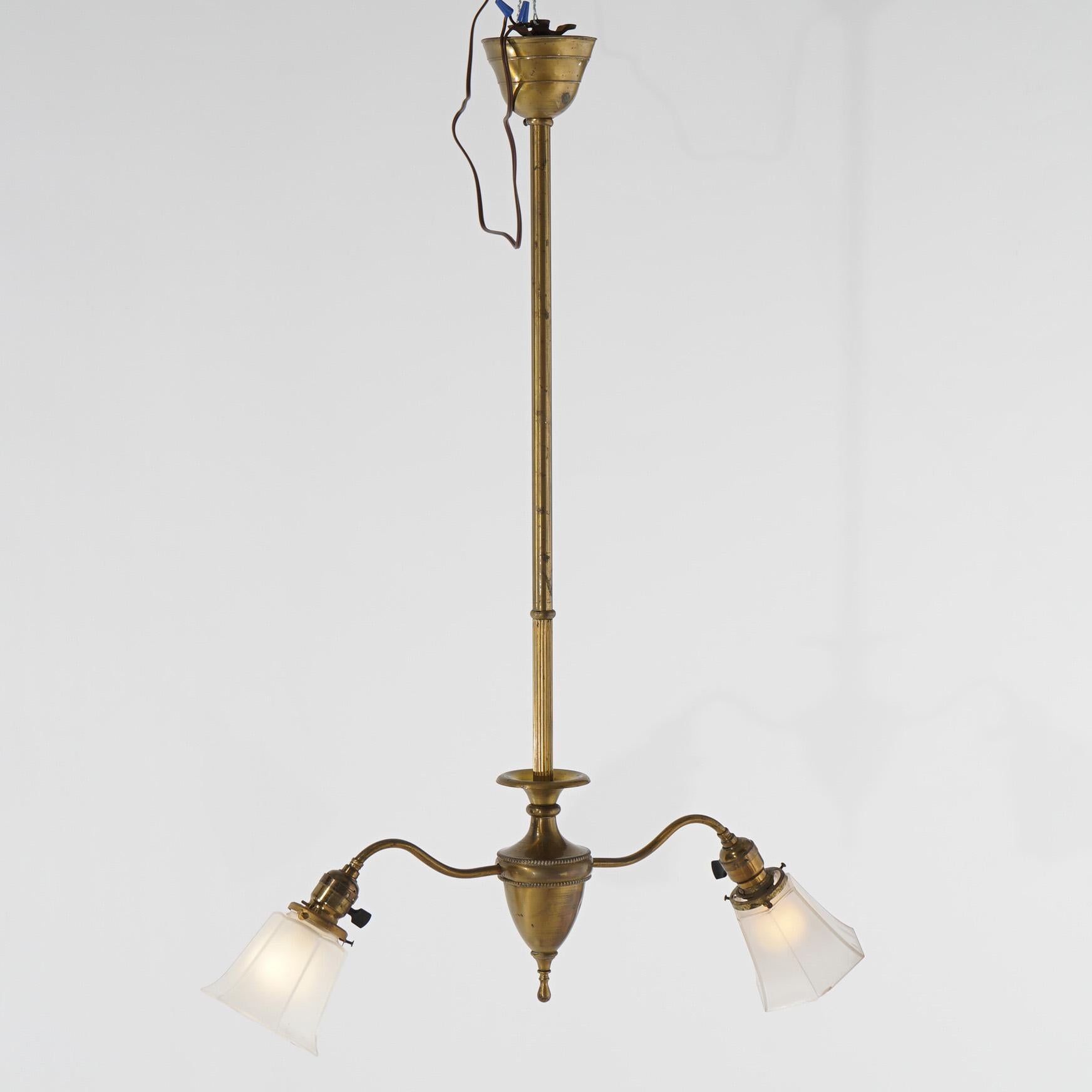 Antique Brass & Gilt Metal Two-Light Ceiling Fixture Circa 1920 For Sale 2
