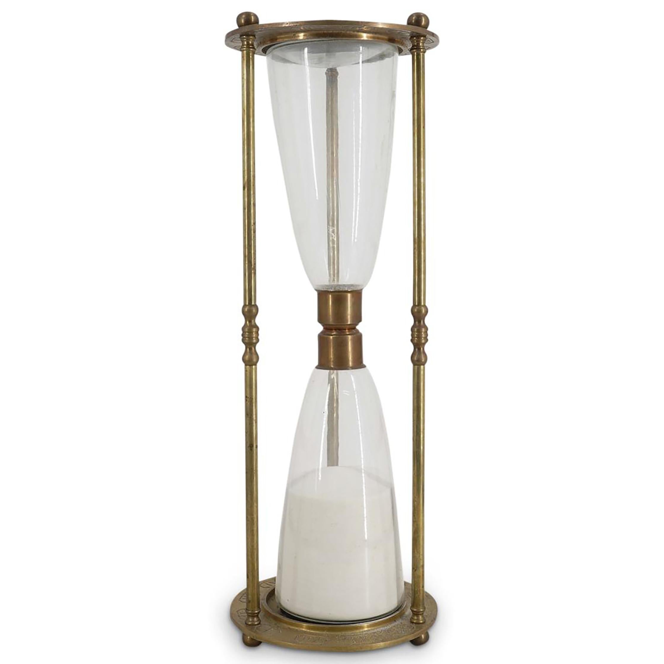 Antique Brass Glass 2.5 Hour Hourglass, Roman Numerals 

Offered for sale is a large, antique brass and glass hourglass with sand.  The brass frame has Roman numerals around the top and bottom brass rings which support the glass. The hourglass is a