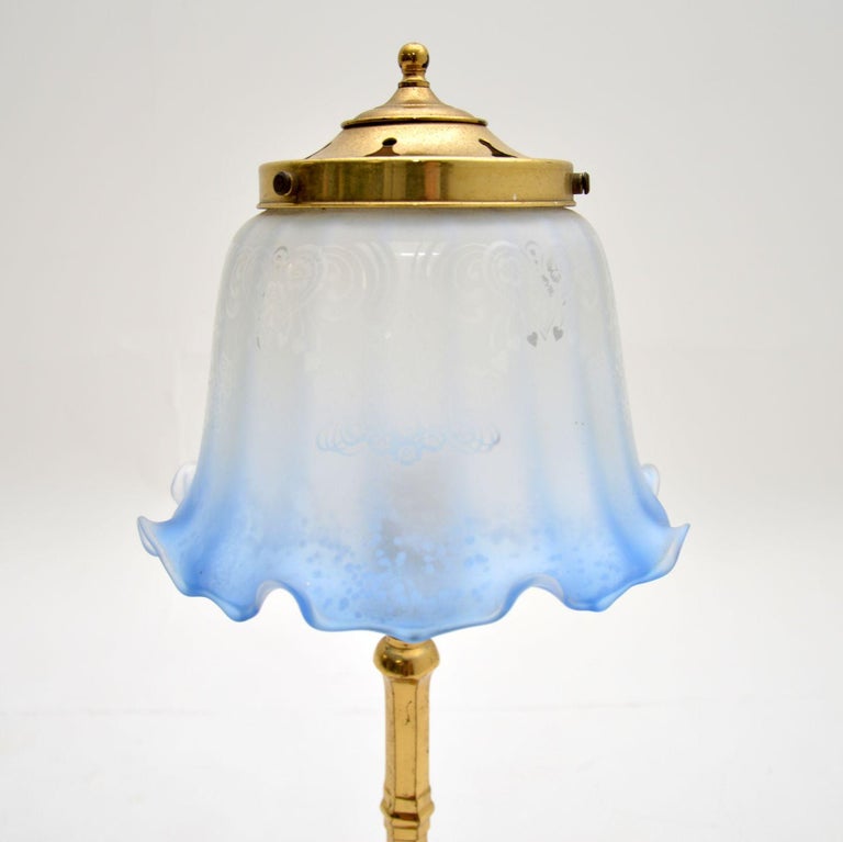 English Antique Brass & Glass Table Lamp For Sale