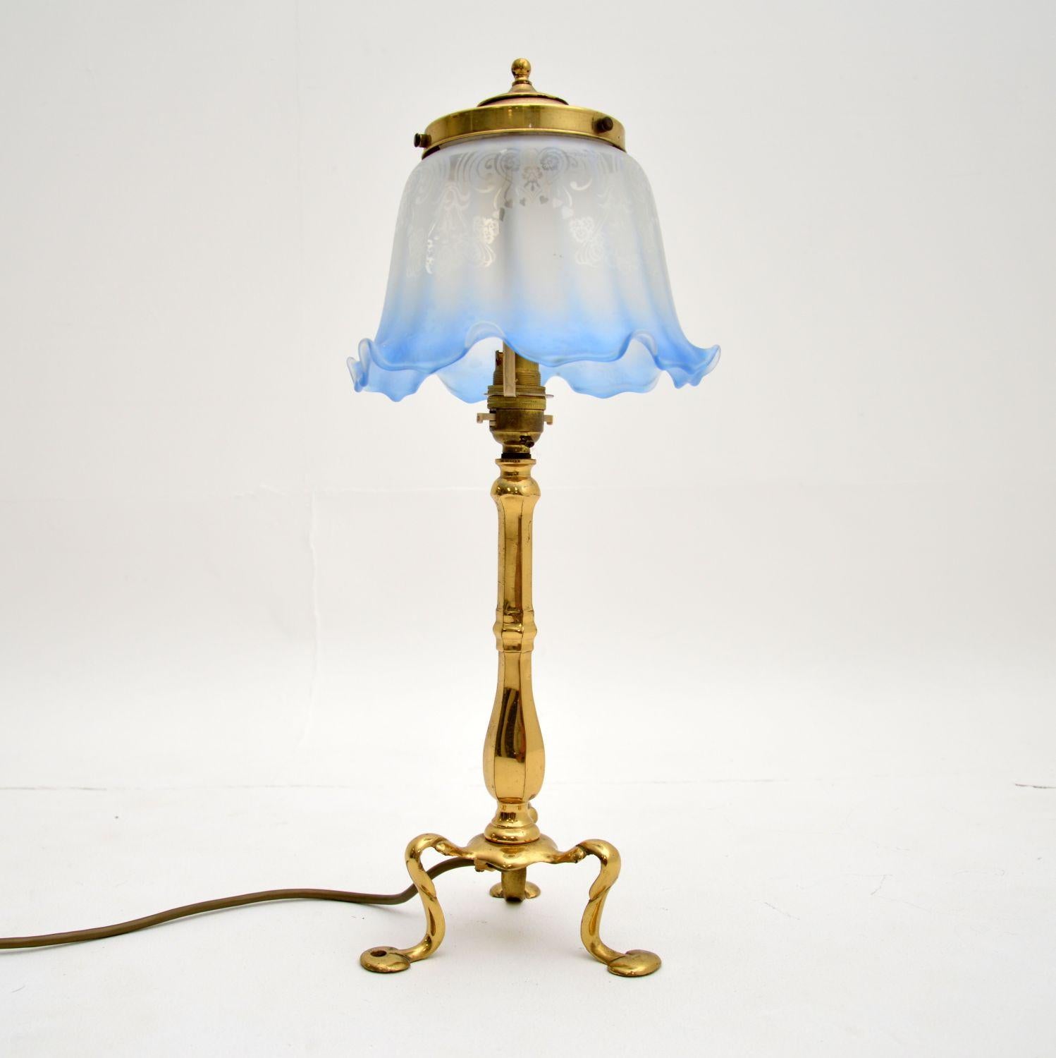 Antique Brass & Glass Table Lamp In Good Condition In London, GB