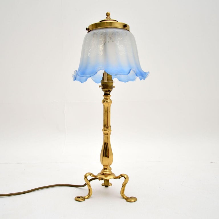 20th Century Antique Brass & Glass Table Lamp For Sale