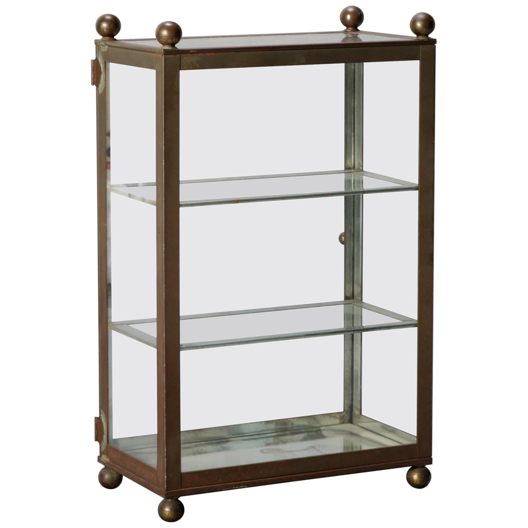 Antique Brass 
Glass Table Top Jewelry 
Trinket Vitrine Showcase, 20th Century