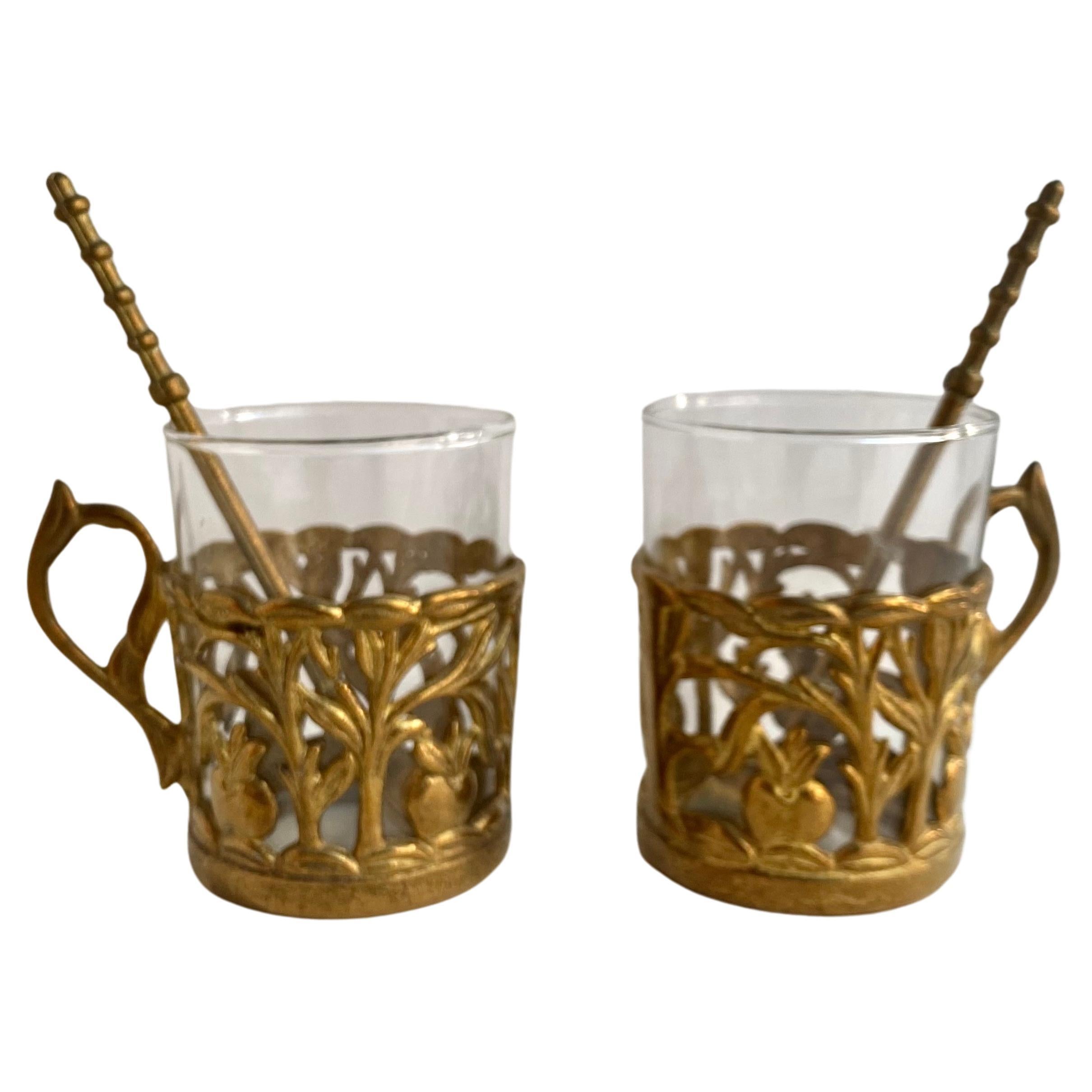 Antique Brass & Glass Tea Set, France  Set 2 Glasses, Glass Holders and Spoons For Sale
