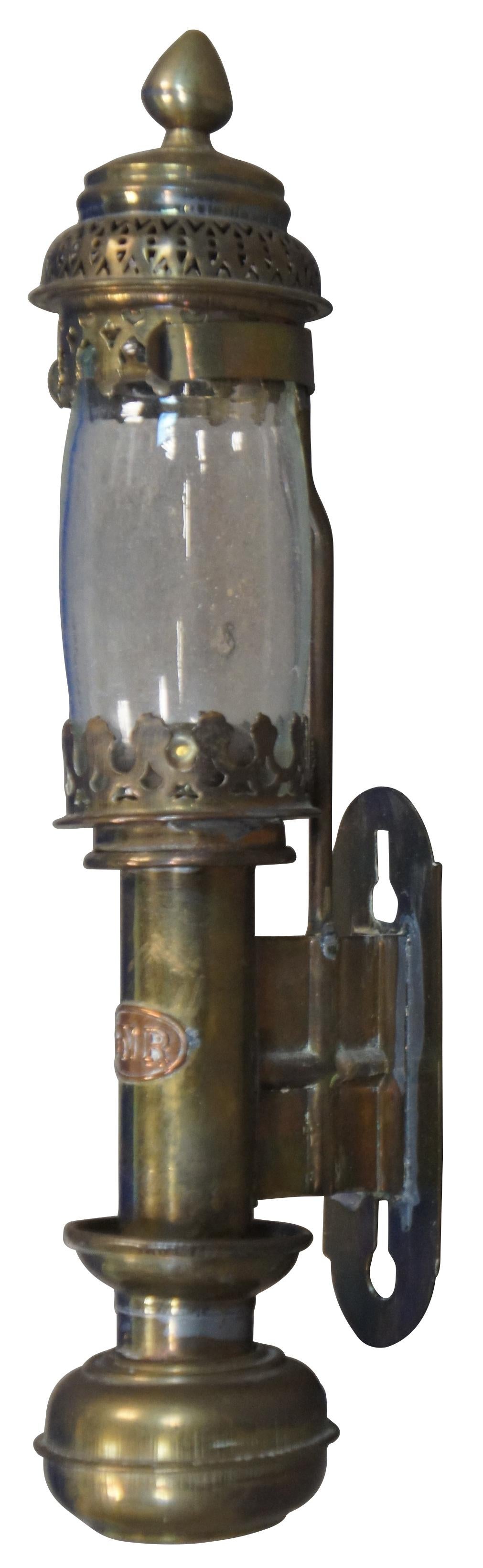 Antique brass and glass GNR Great Northern Railway candle lit train carriage lamp, light or lantern sconce.
 