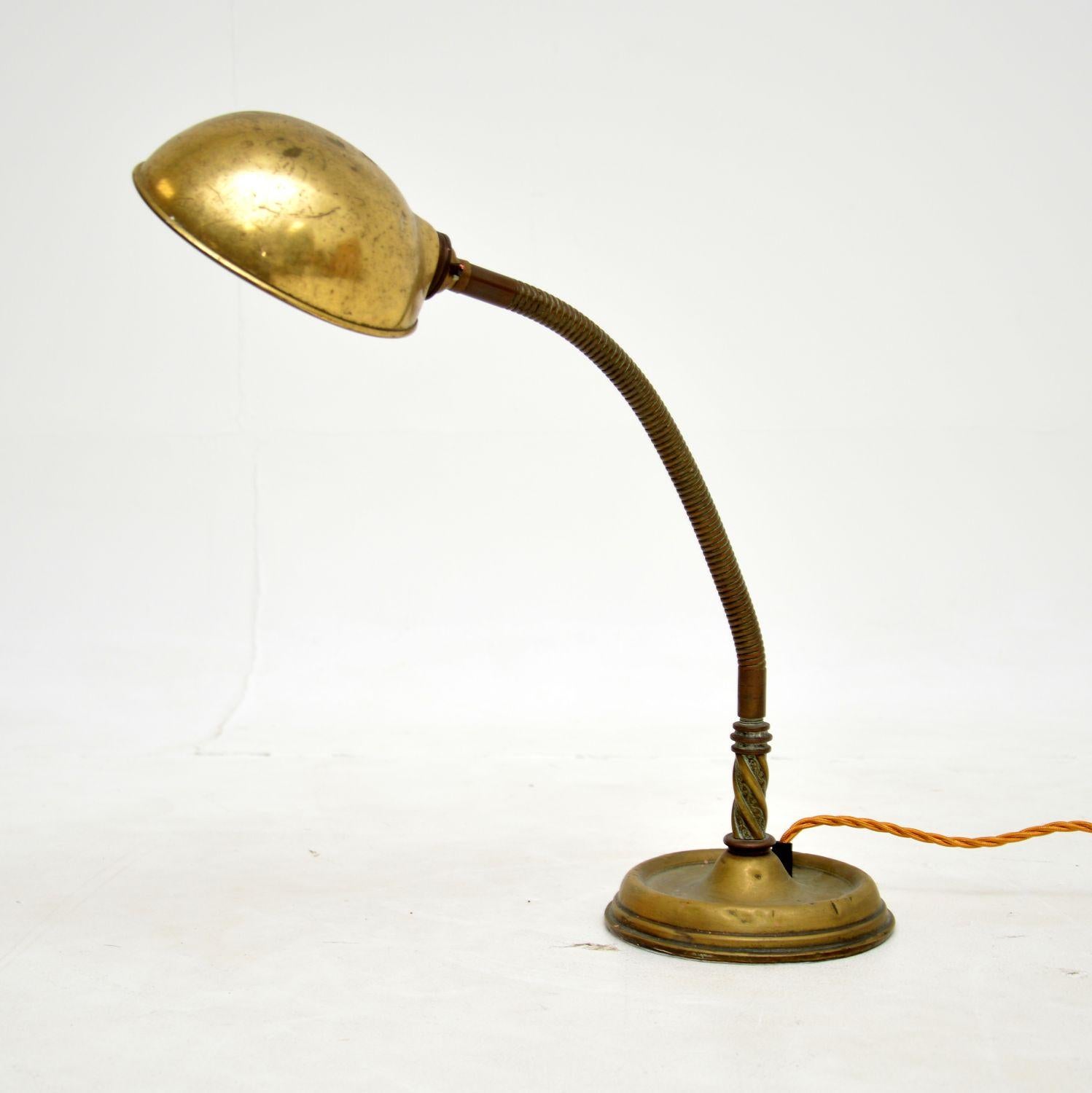 British Antique Brass Goose Neck Desk Lamp For Sale