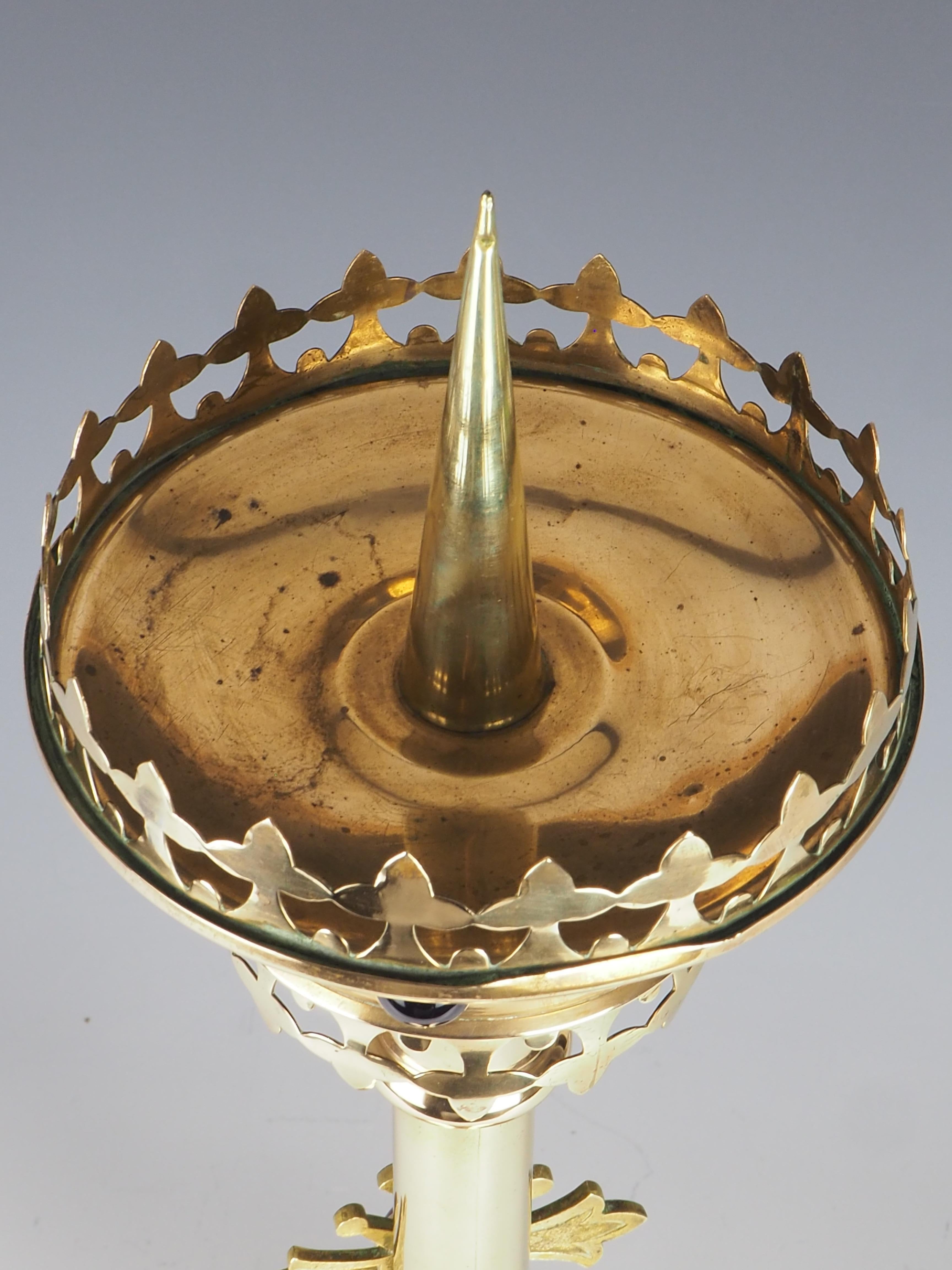 Antique Brass Gothic Revival Church Candle Holder with Cabochon For Sale 6