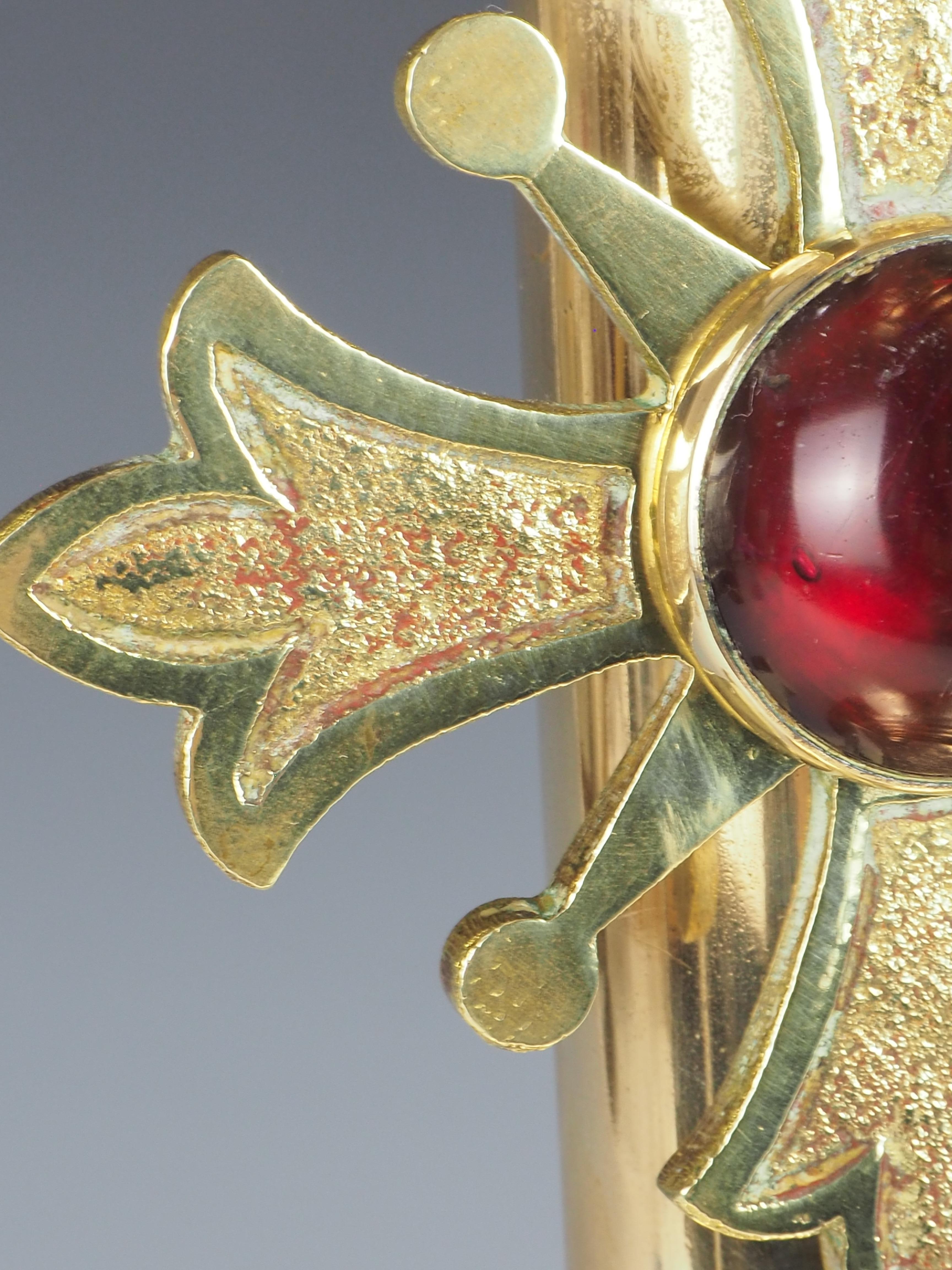 Antique Brass Gothic Revival Church Candle Holder with Cabochon For Sale 12