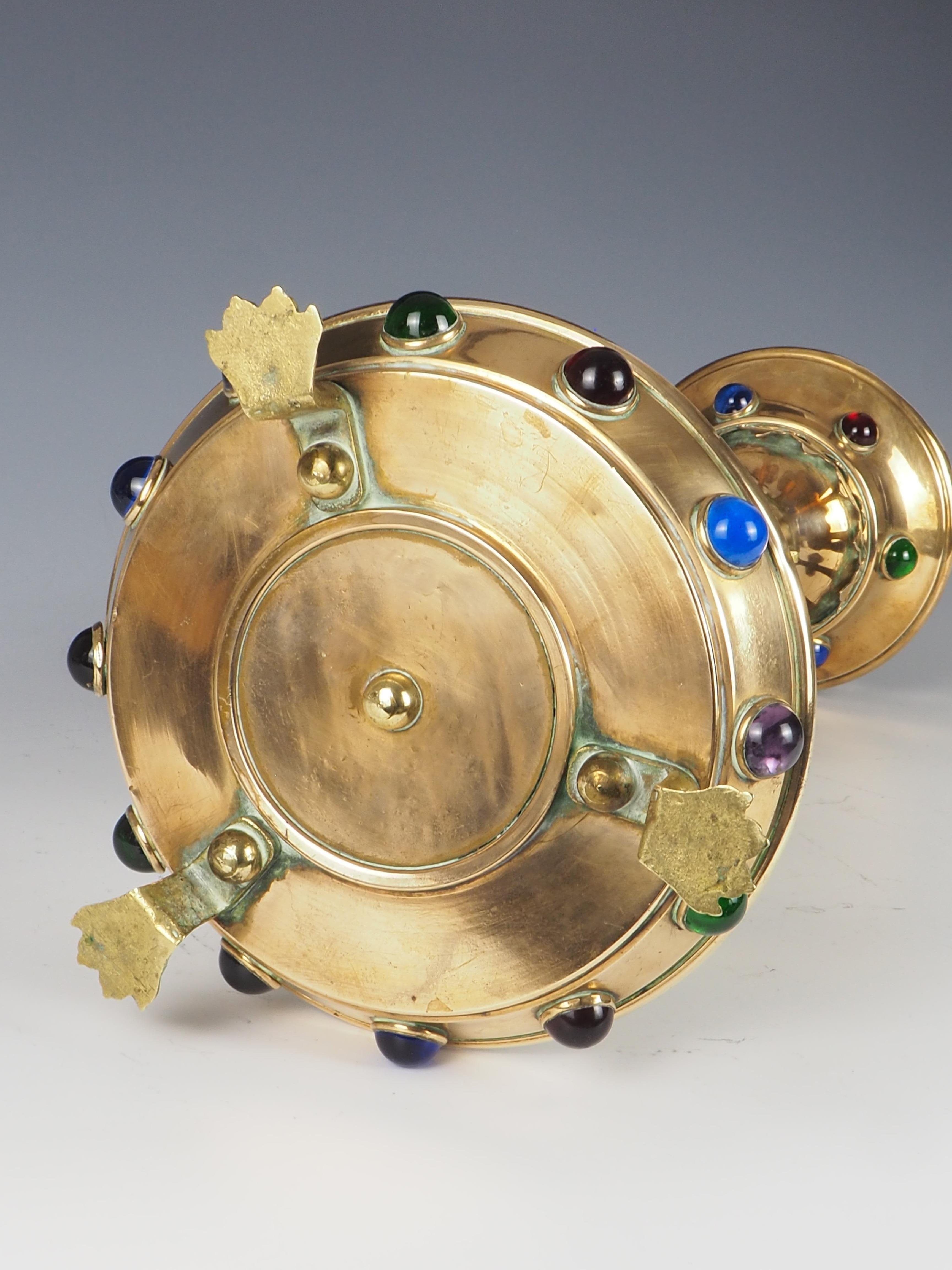 Antique Brass Gothic Revival Church Candle Holder with Cabochon For Sale 13