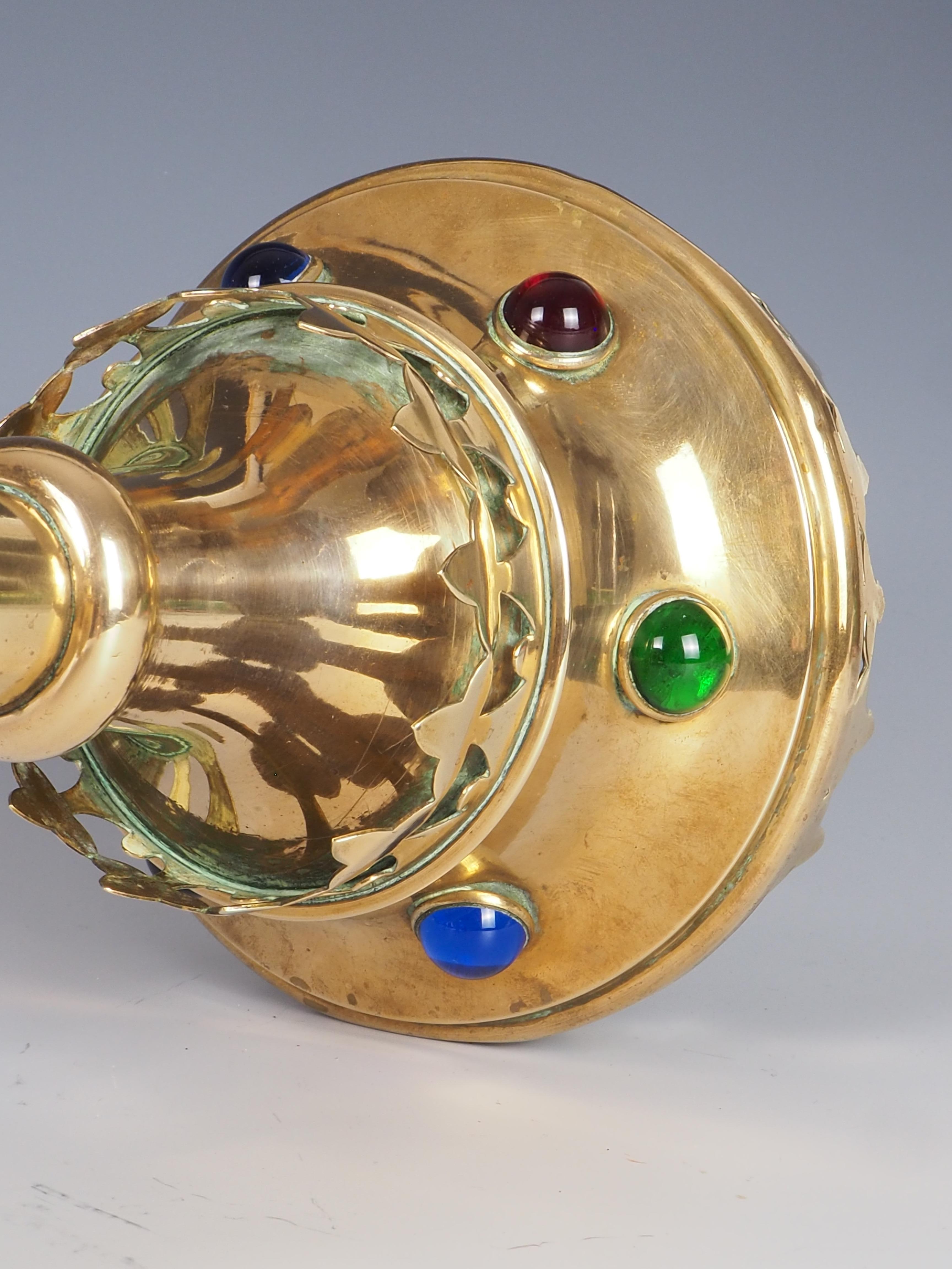 Antique Brass Gothic Revival Church Candle Holder with Cabochon For Sale 14