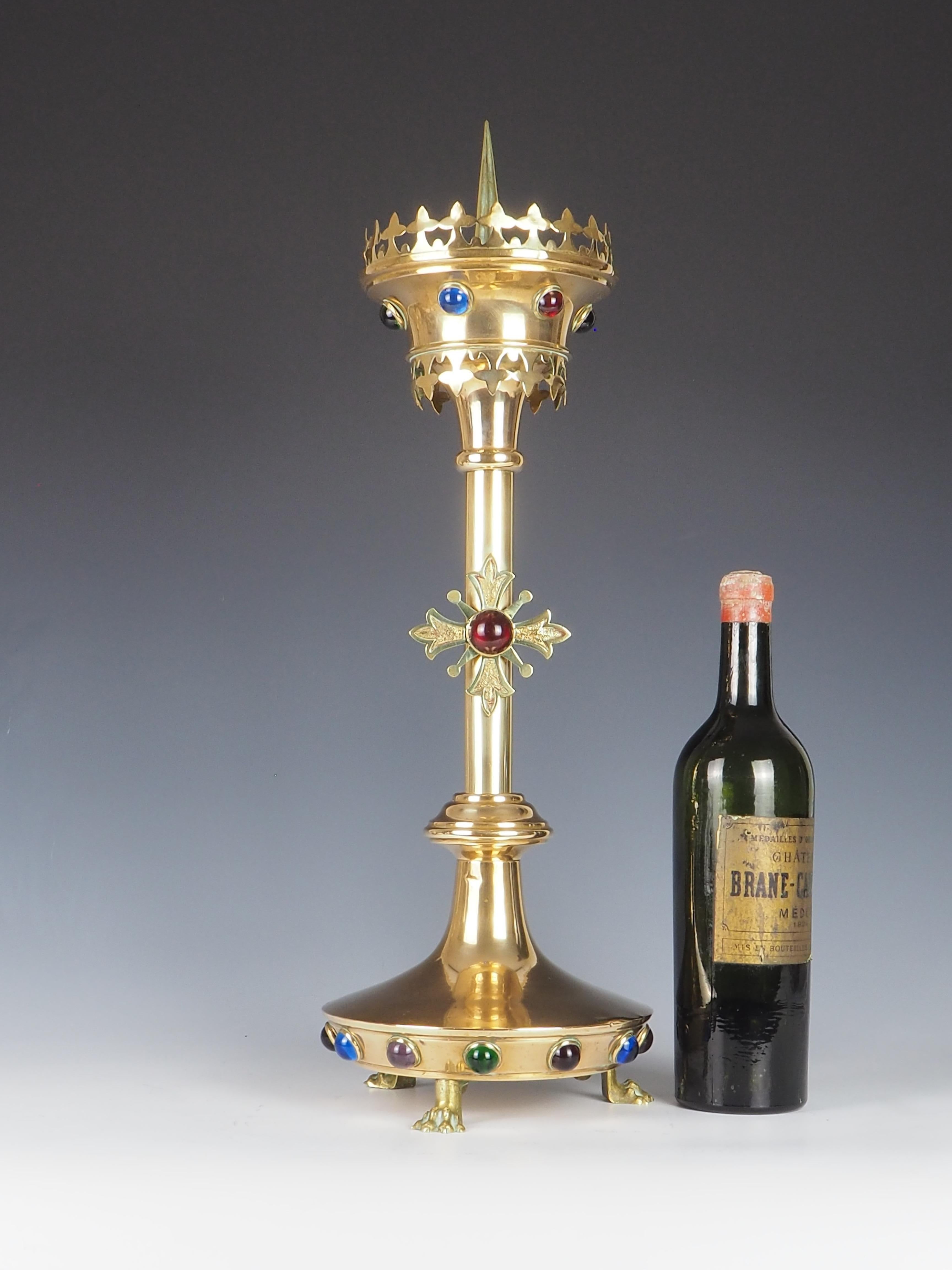 Antique Brass Gothic Revival Church Candle Holder with Cabochon In Good Condition For Sale In Lincoln, GB
