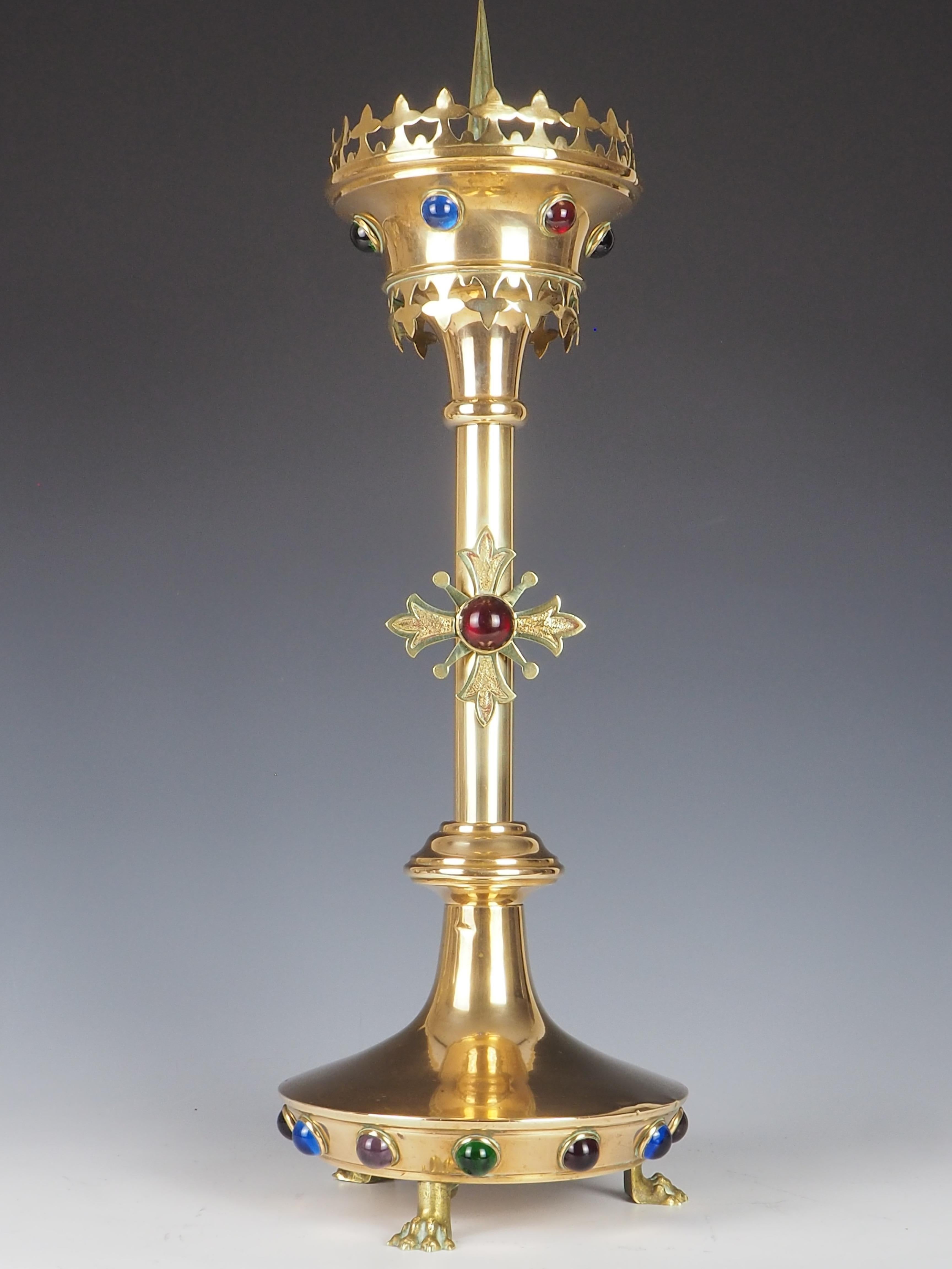 19th Century Antique Brass Gothic Revival Church Candle Holder with Cabochon For Sale