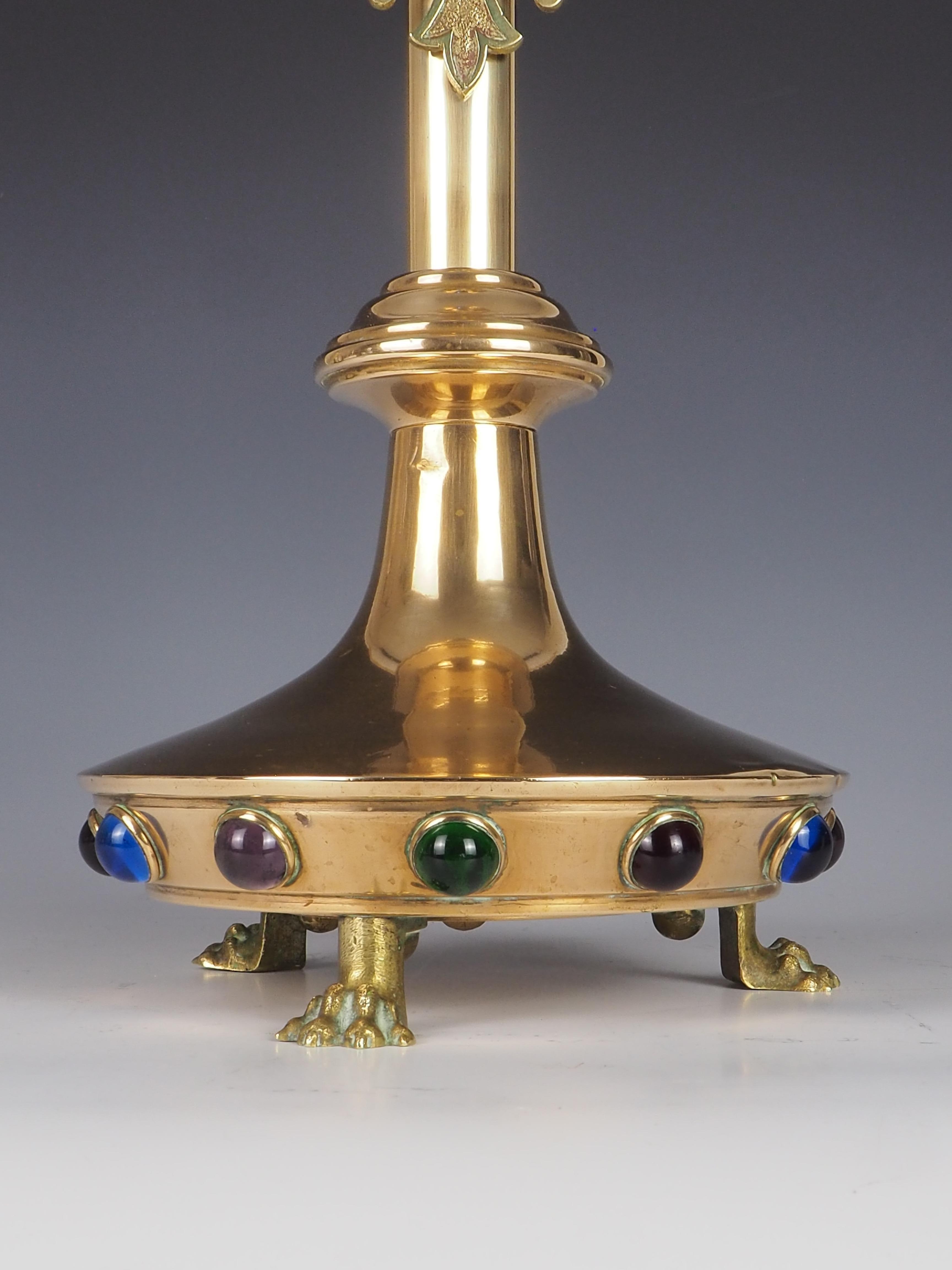 Antique Brass Gothic Revival Church Candle Holder with Cabochon For Sale 1
