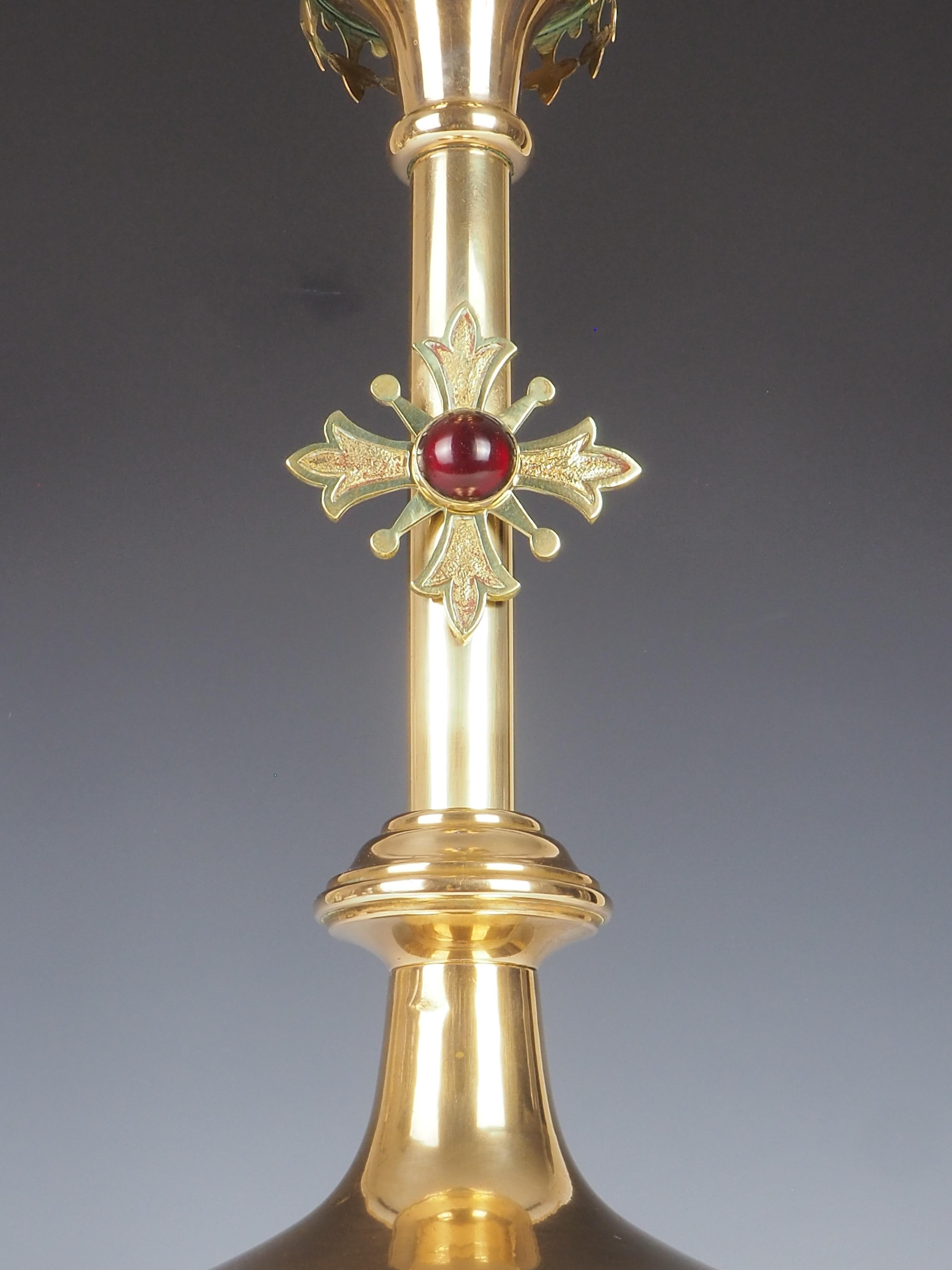 Antique Brass Gothic Revival Church Candle Holder with Cabochon For Sale 2