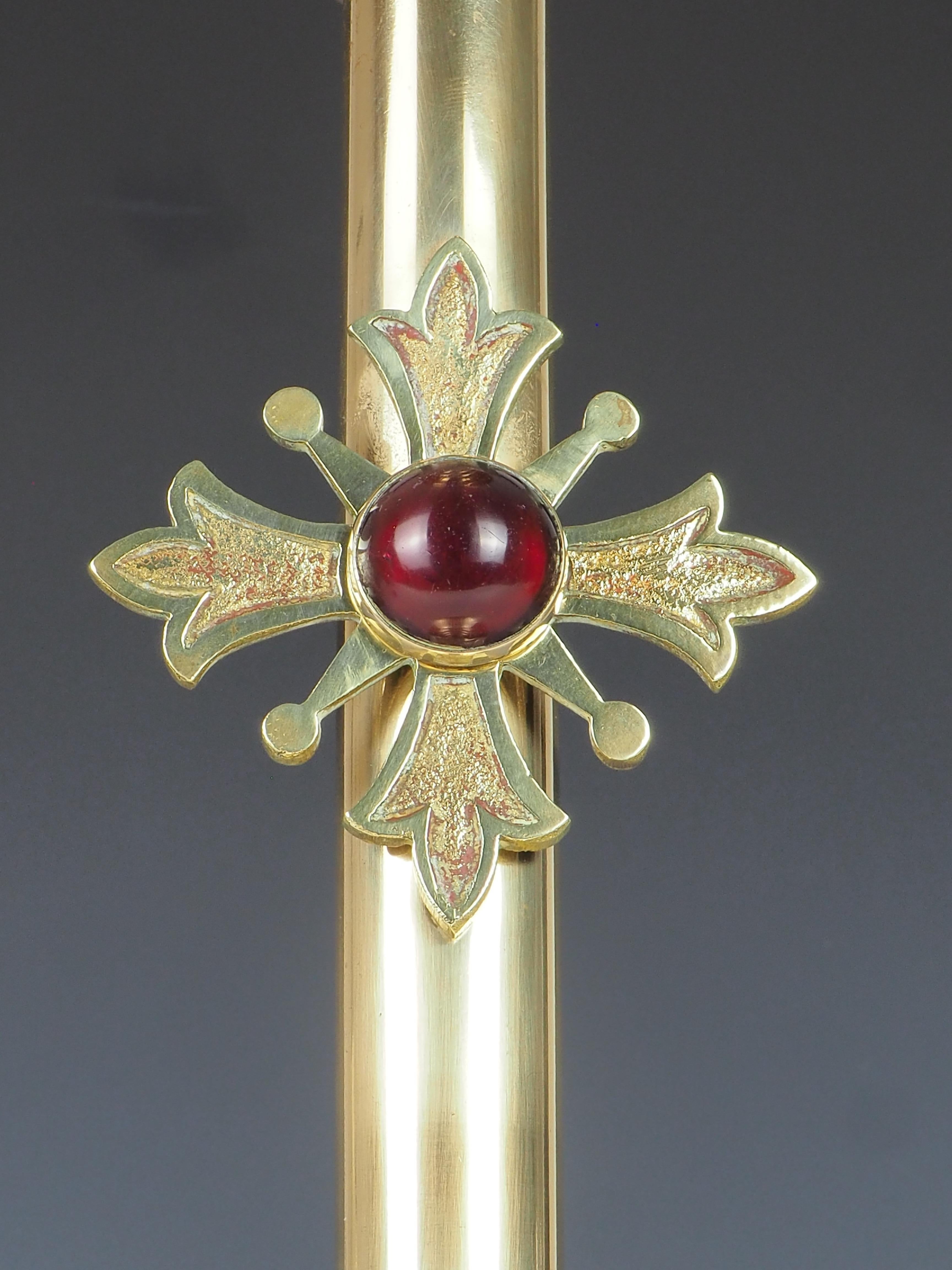 Antique Brass Gothic Revival Church Candle Holder with Cabochon For Sale 3
