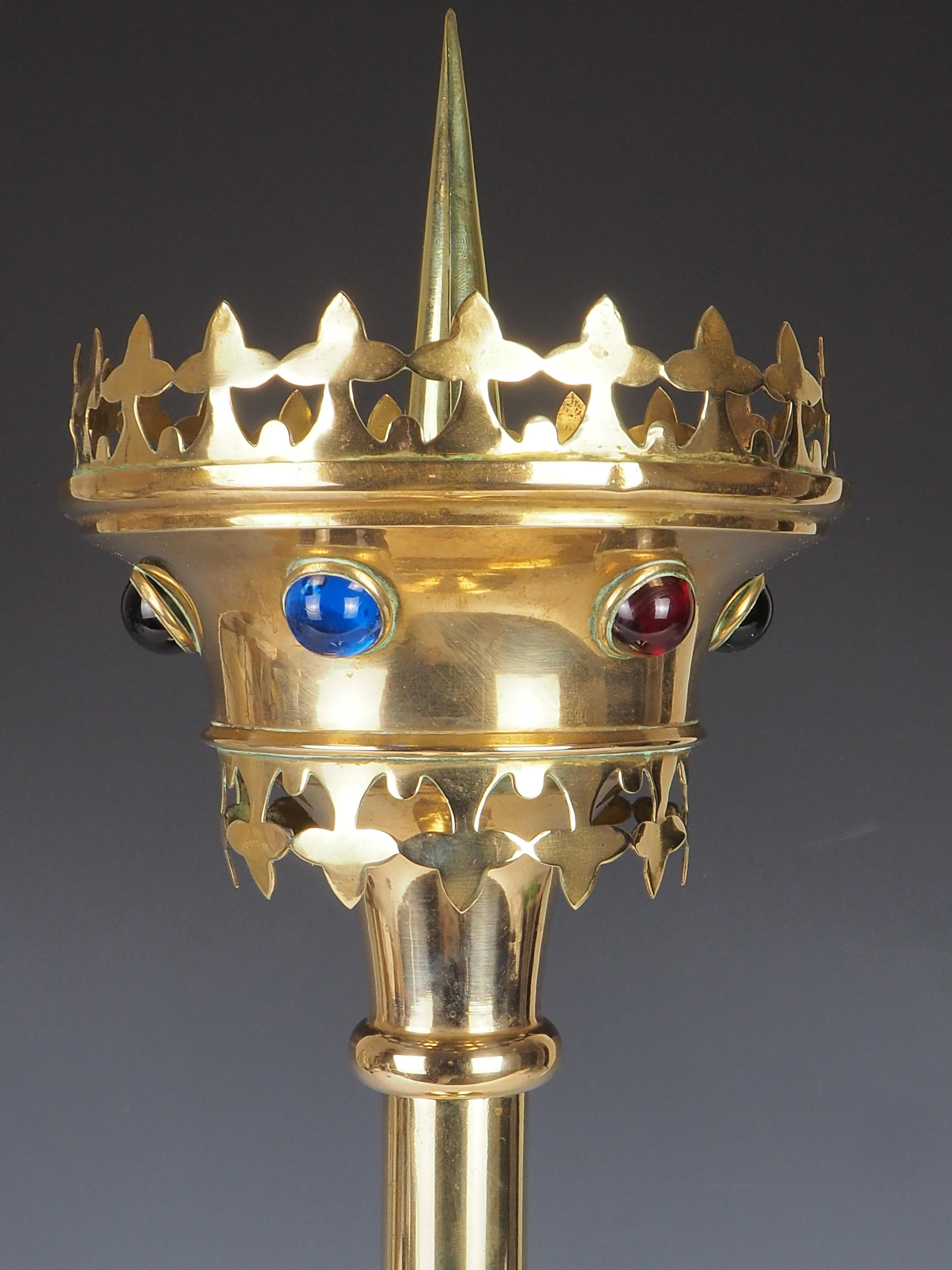 Antique Brass Gothic Revival Church Candle Holder with Cabochon For Sale 4