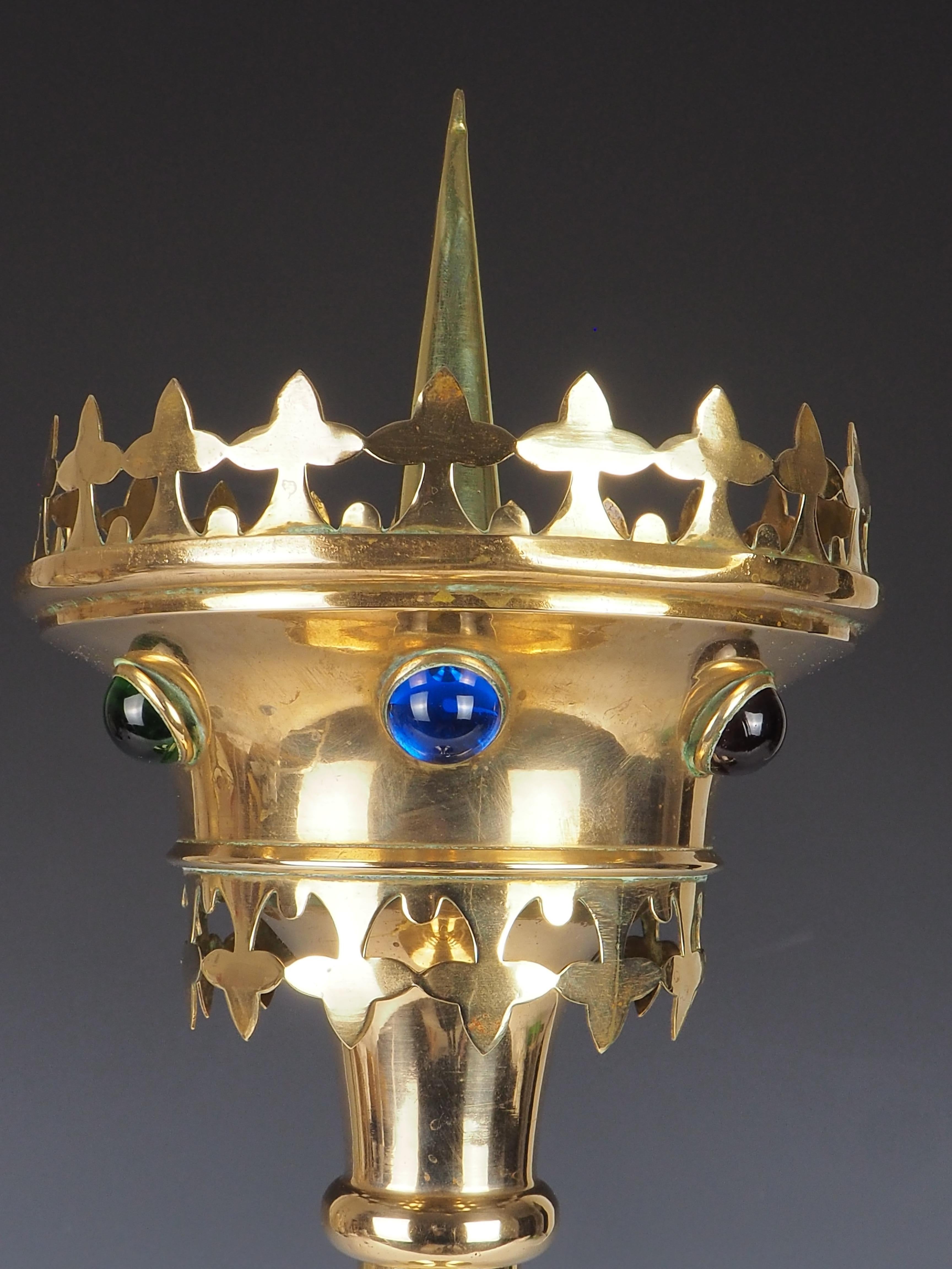 Antique Brass Gothic Revival Church Candle Holder with Cabochon For Sale 5