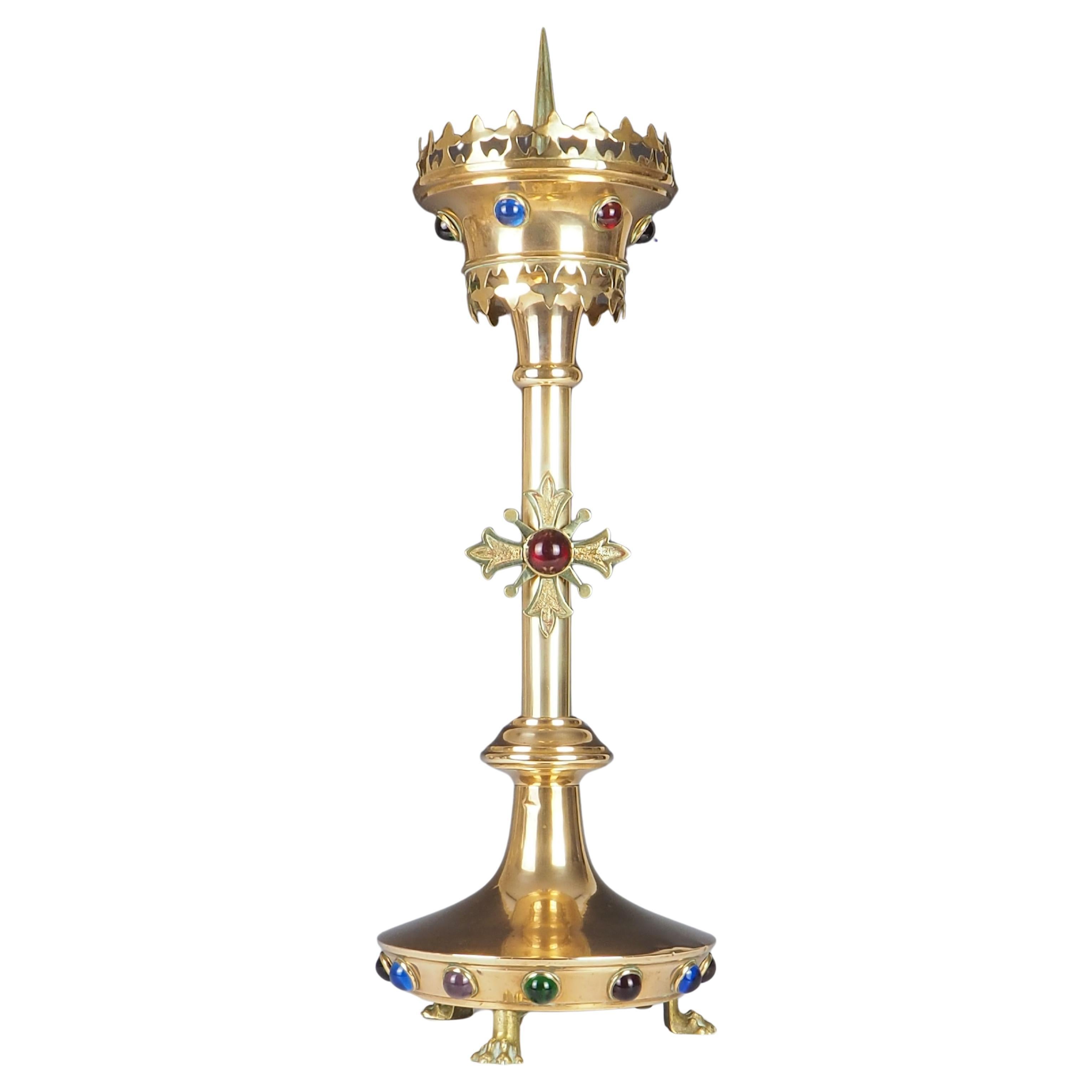 Antique Brass Gothic Revival Church Candle Holder with Cabochon