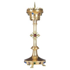 Antique Brass Gothic Revival Church Candle Holder with Cabochon