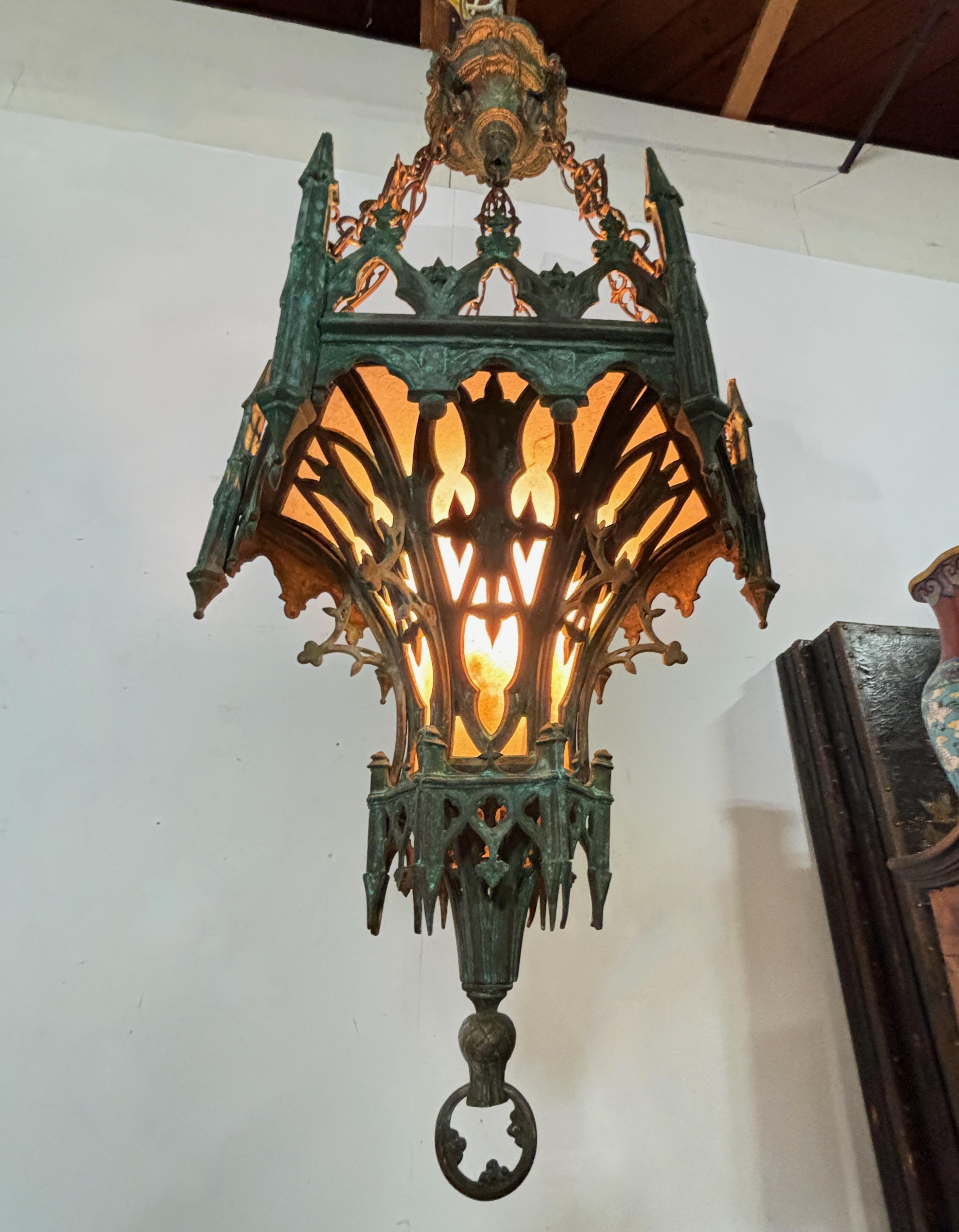 Antique Brass Gothic Style Hallway / Entryway Lantern In Good Condition In San Francisco, CA