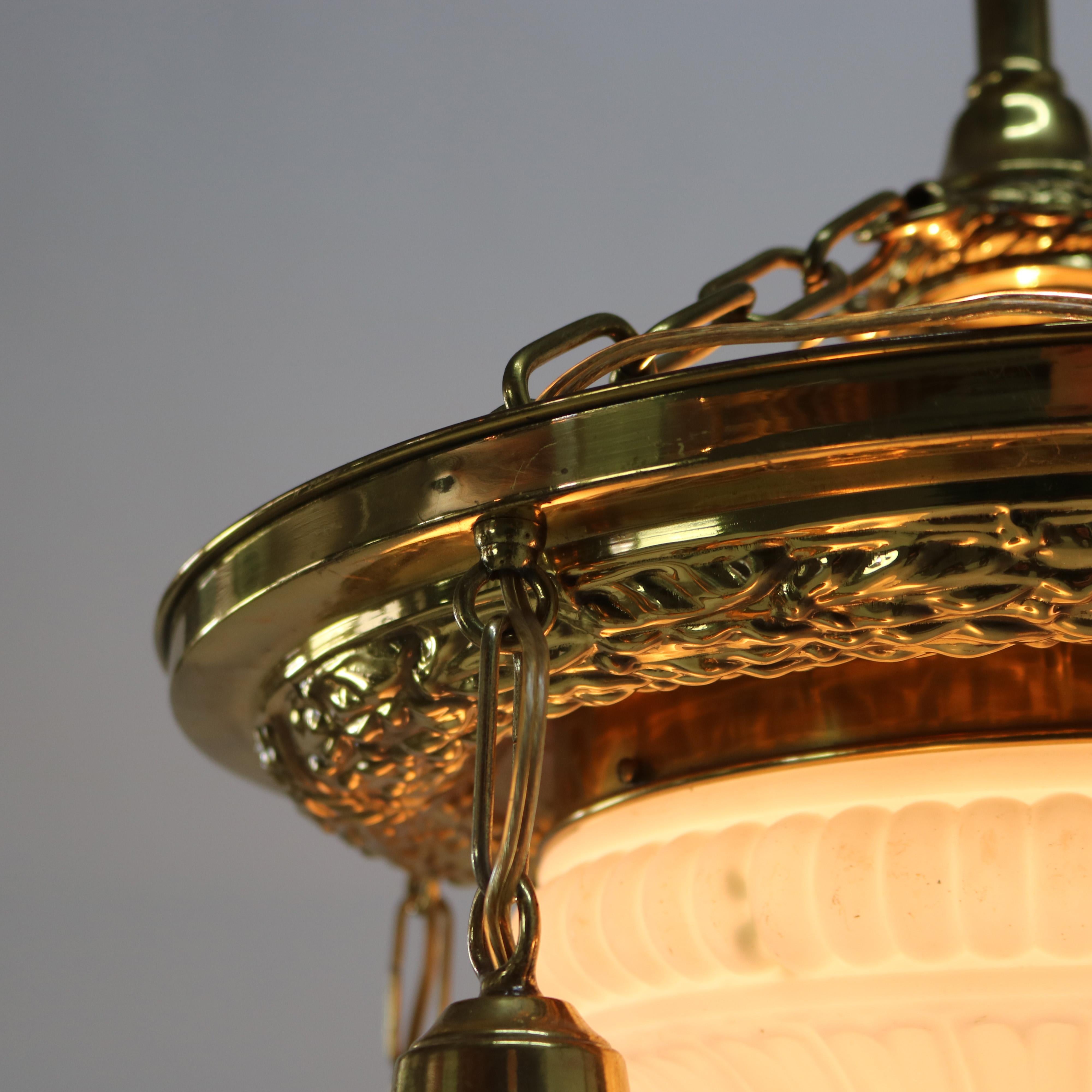 Antique Brass Hanging Fixture with Milk Glass Center Dome & Shades C1920 For Sale 5