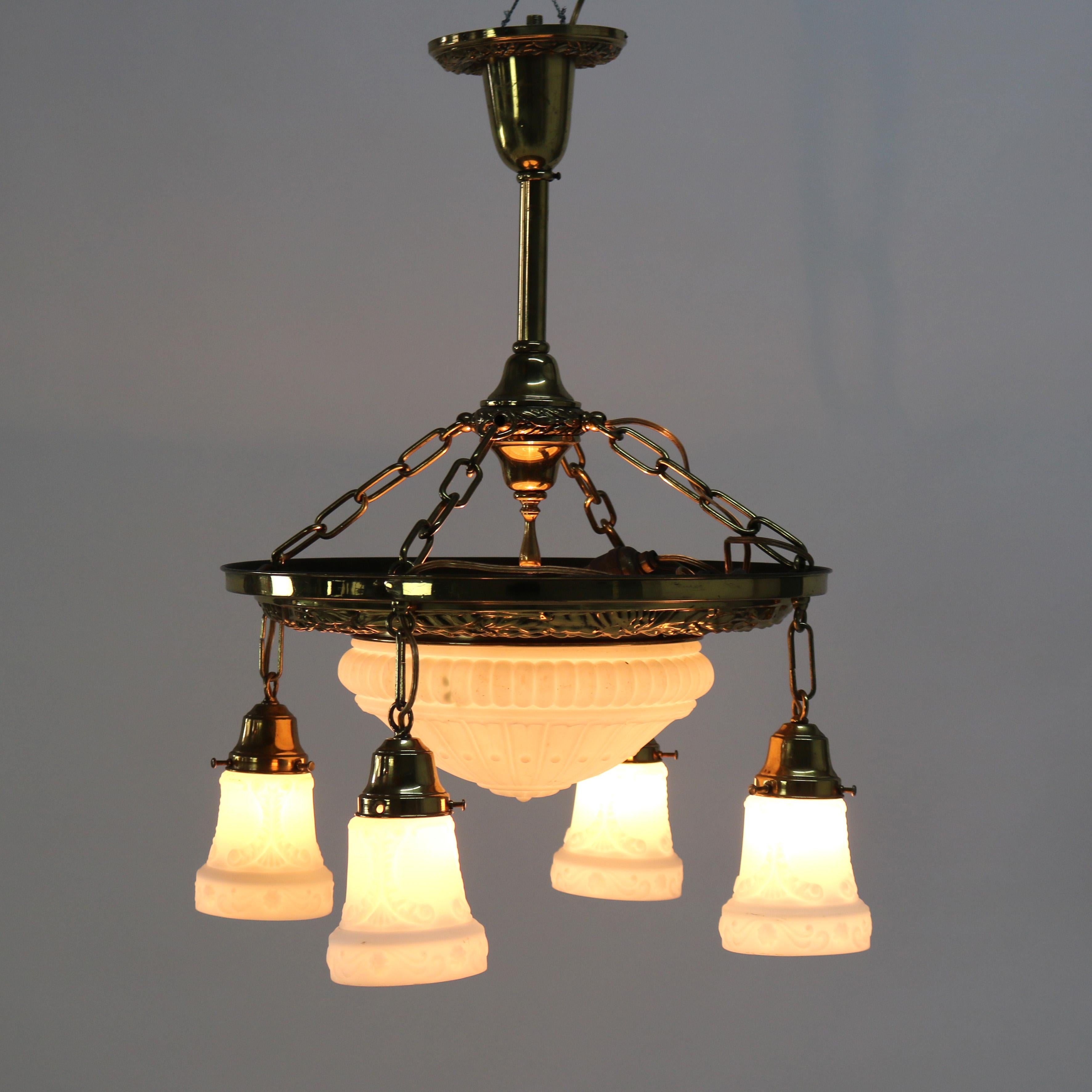 Antique Brass Five Light Hanging Fixture with Milk Glass Center Dome & Shades C1920

Measures - 27.25