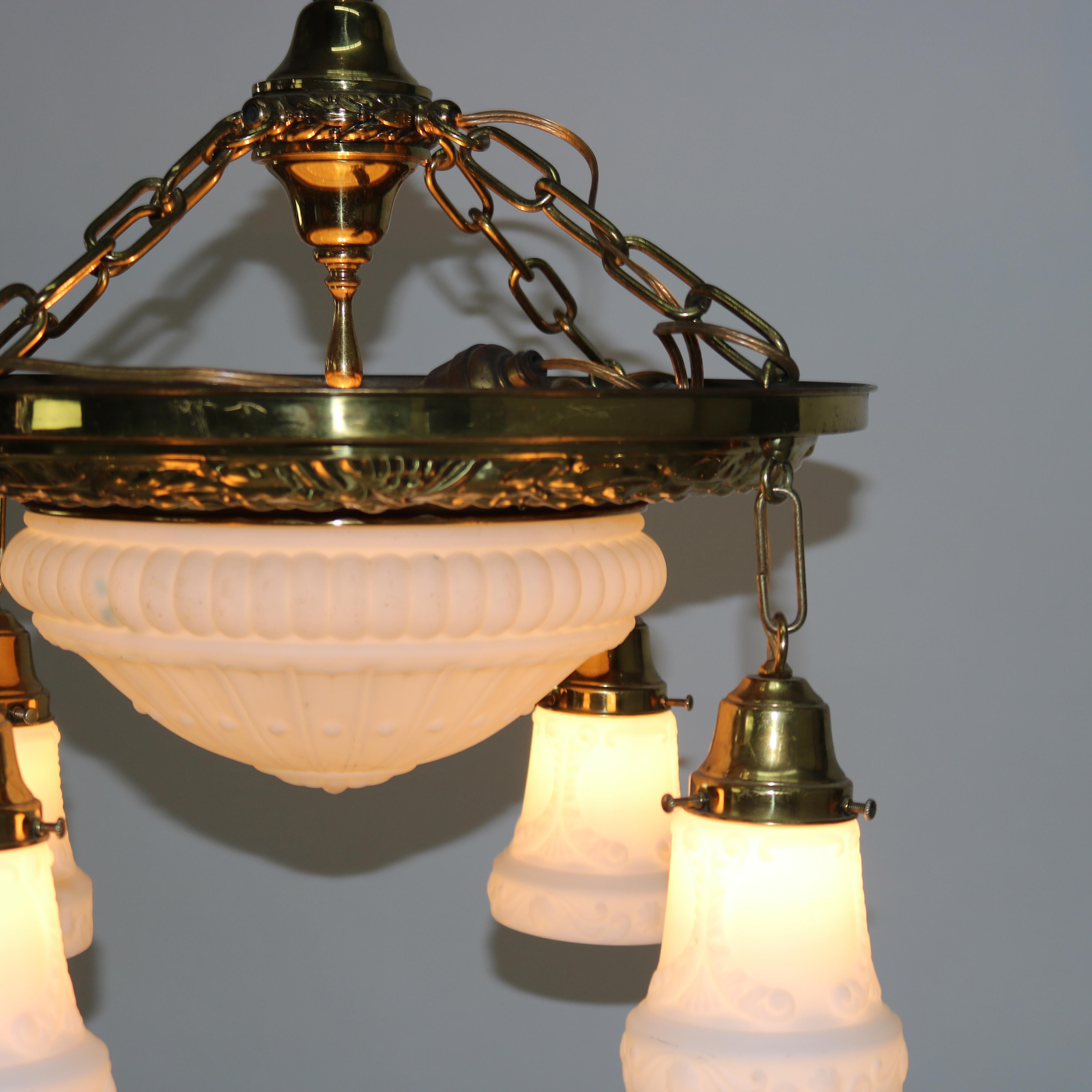 Antique Brass Hanging Fixture with Milk Glass Center Dome & Shades C1920 In Good Condition For Sale In Big Flats, NY