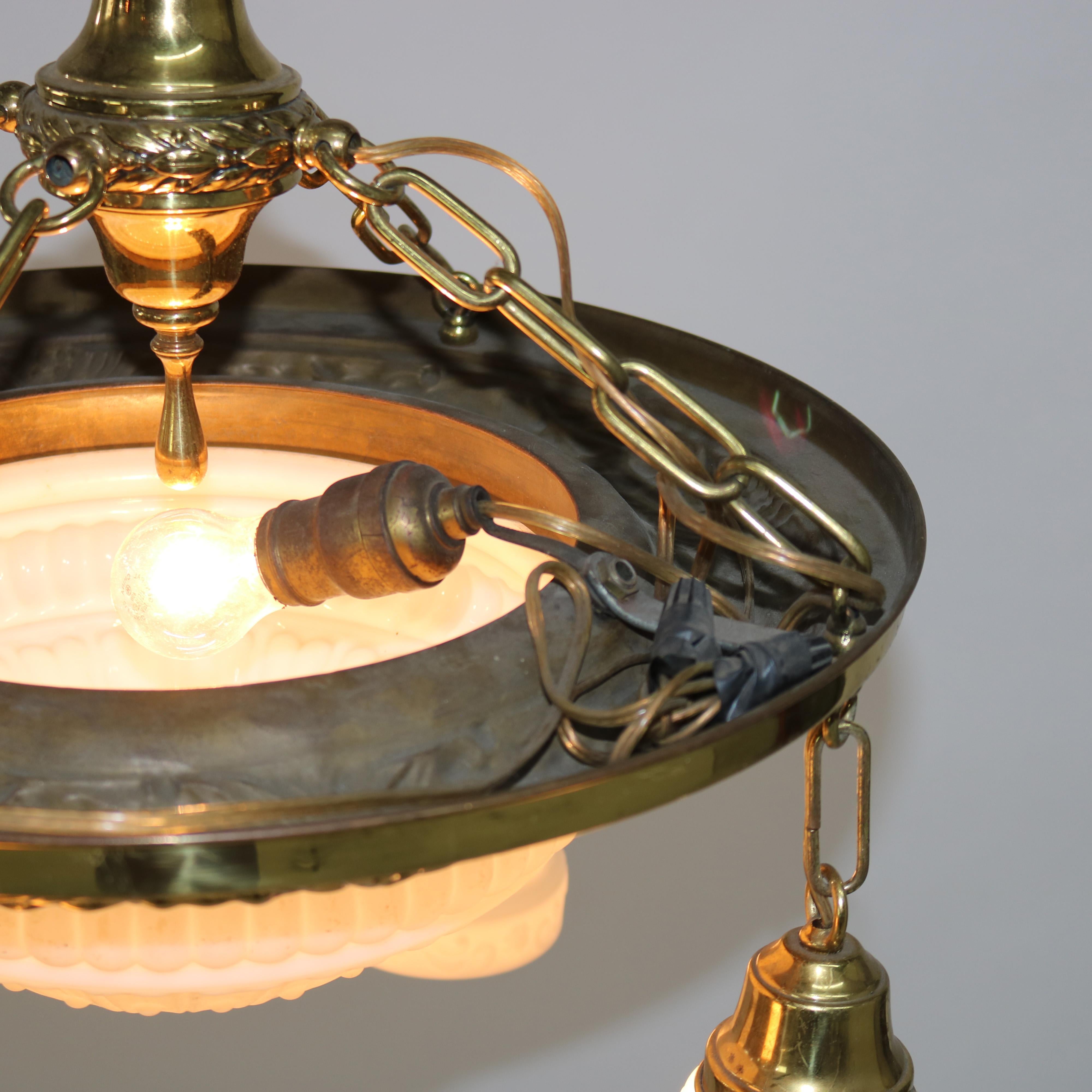 20th Century Antique Brass Hanging Fixture with Milk Glass Center Dome & Shades C1920 For Sale