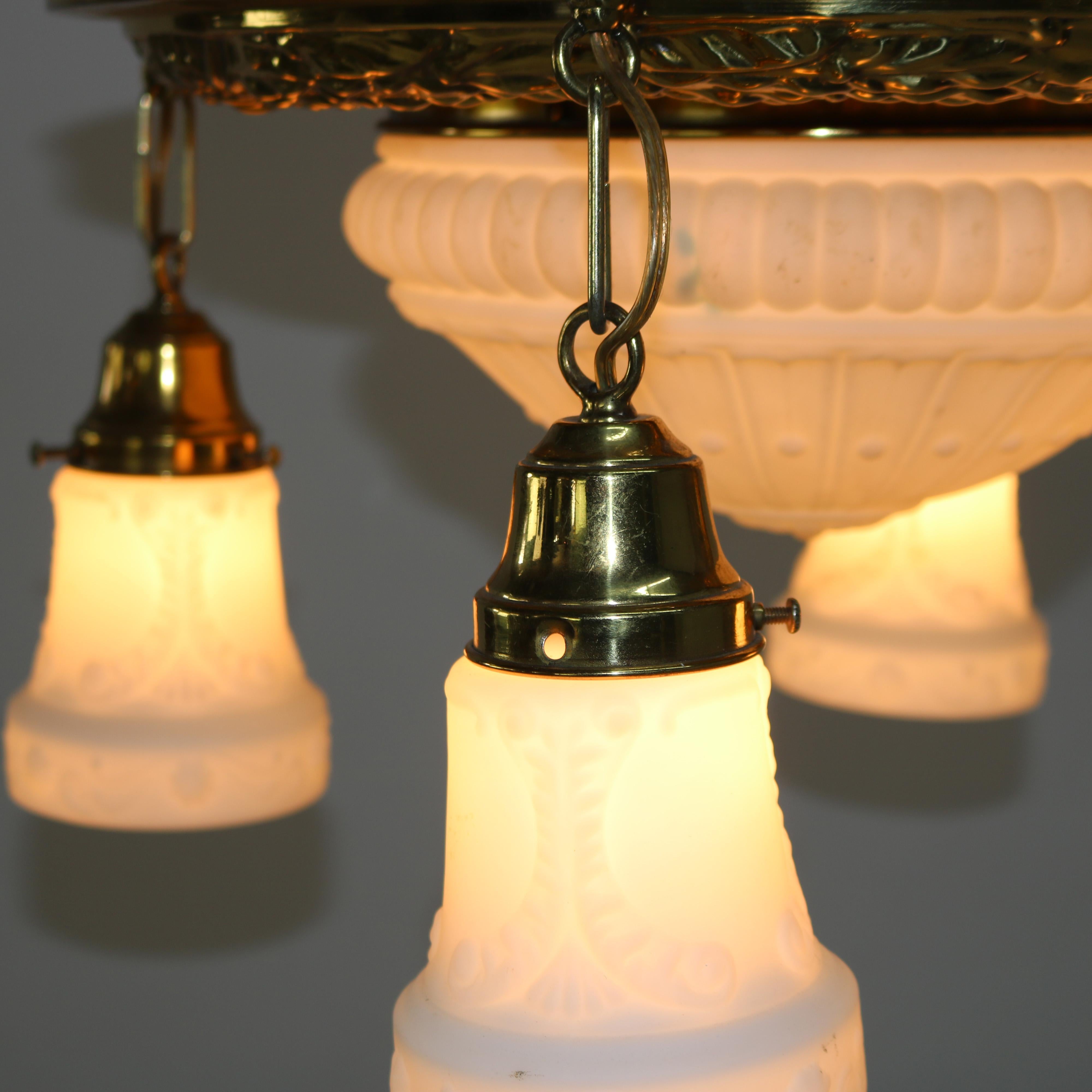 Antique Brass Hanging Fixture with Milk Glass Center Dome & Shades C1920 For Sale 1