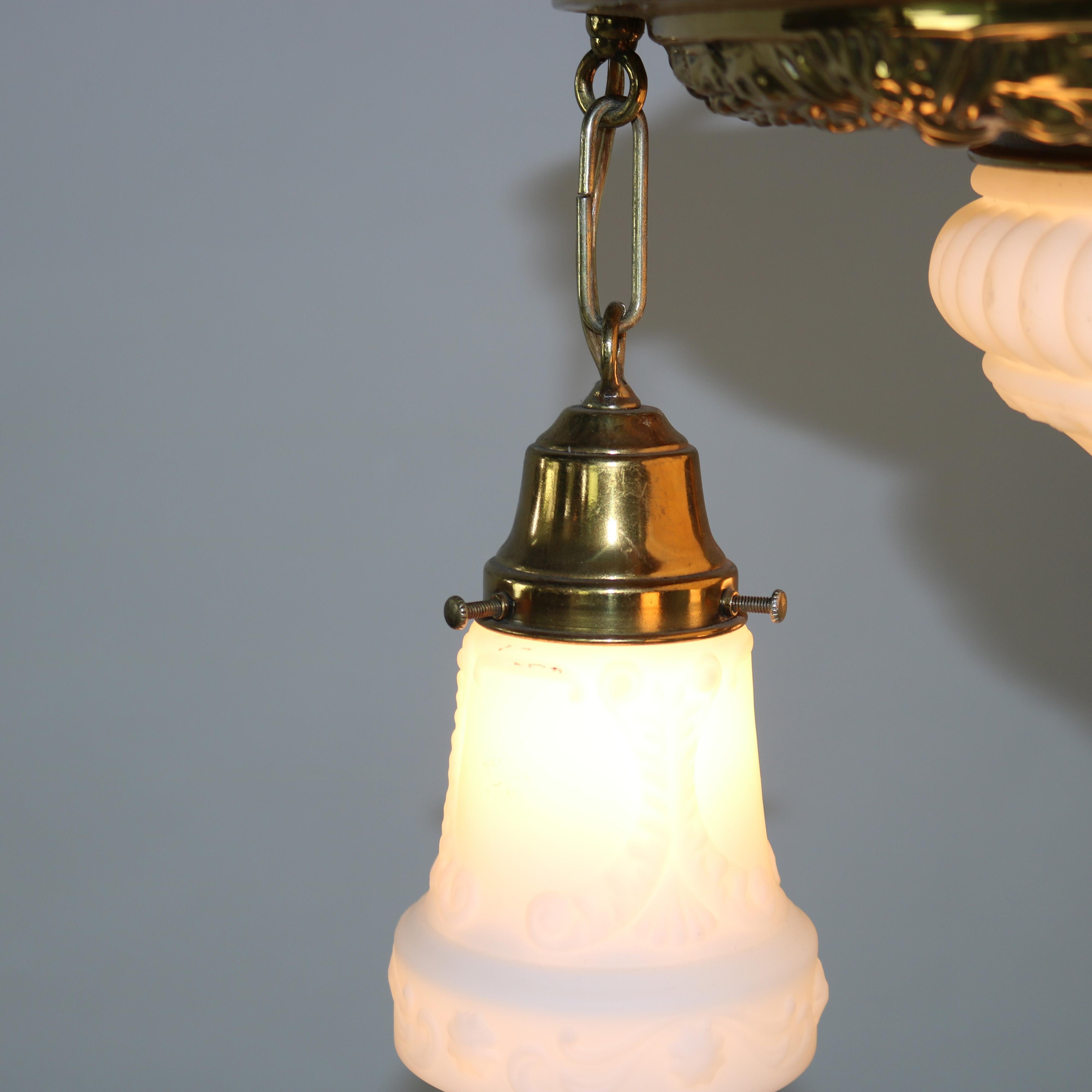 Antique Brass Hanging Fixture with Milk Glass Center Dome & Shades C1920 For Sale 2