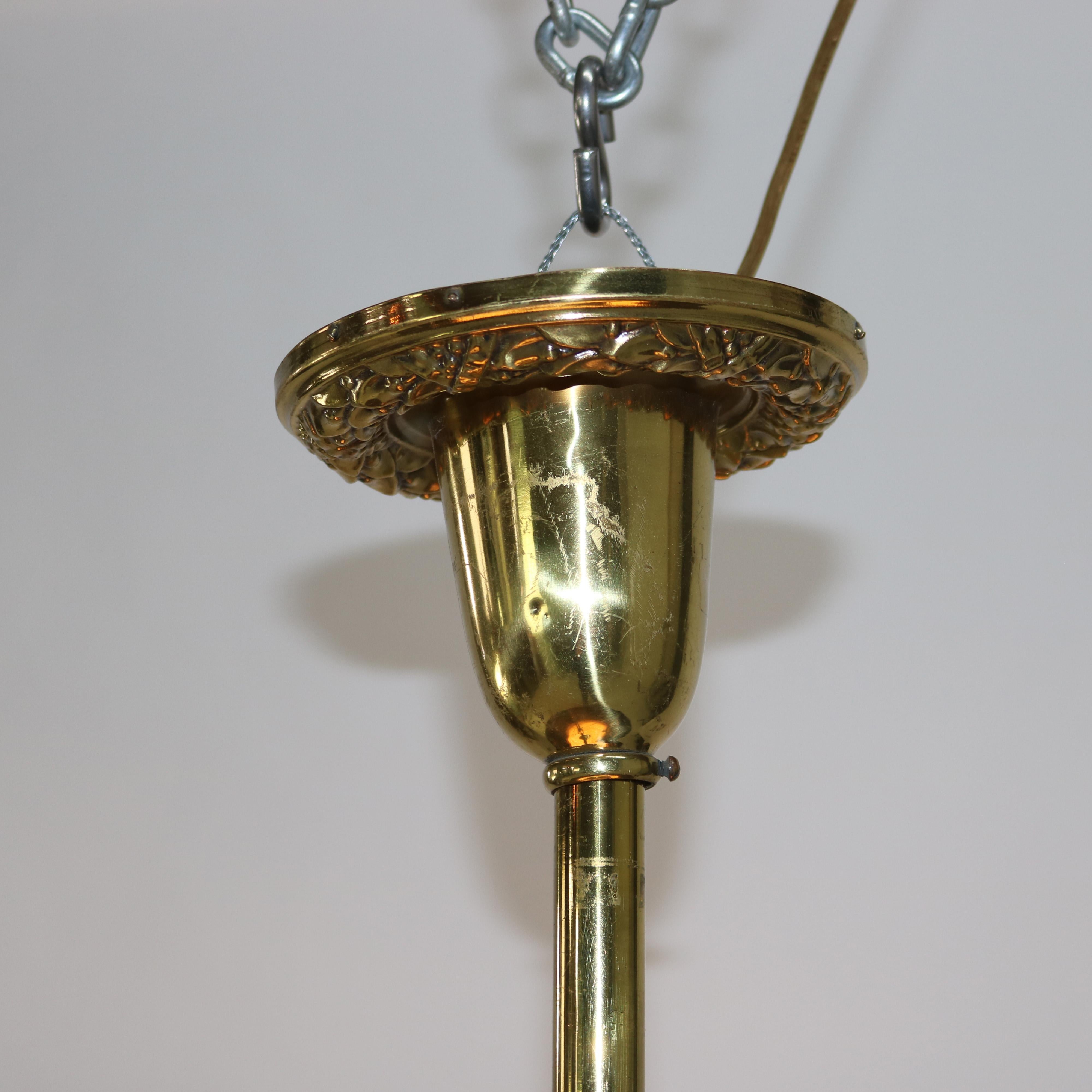 Antique Brass Hanging Fixture with Milk Glass Center Dome & Shades C1920 For Sale 3