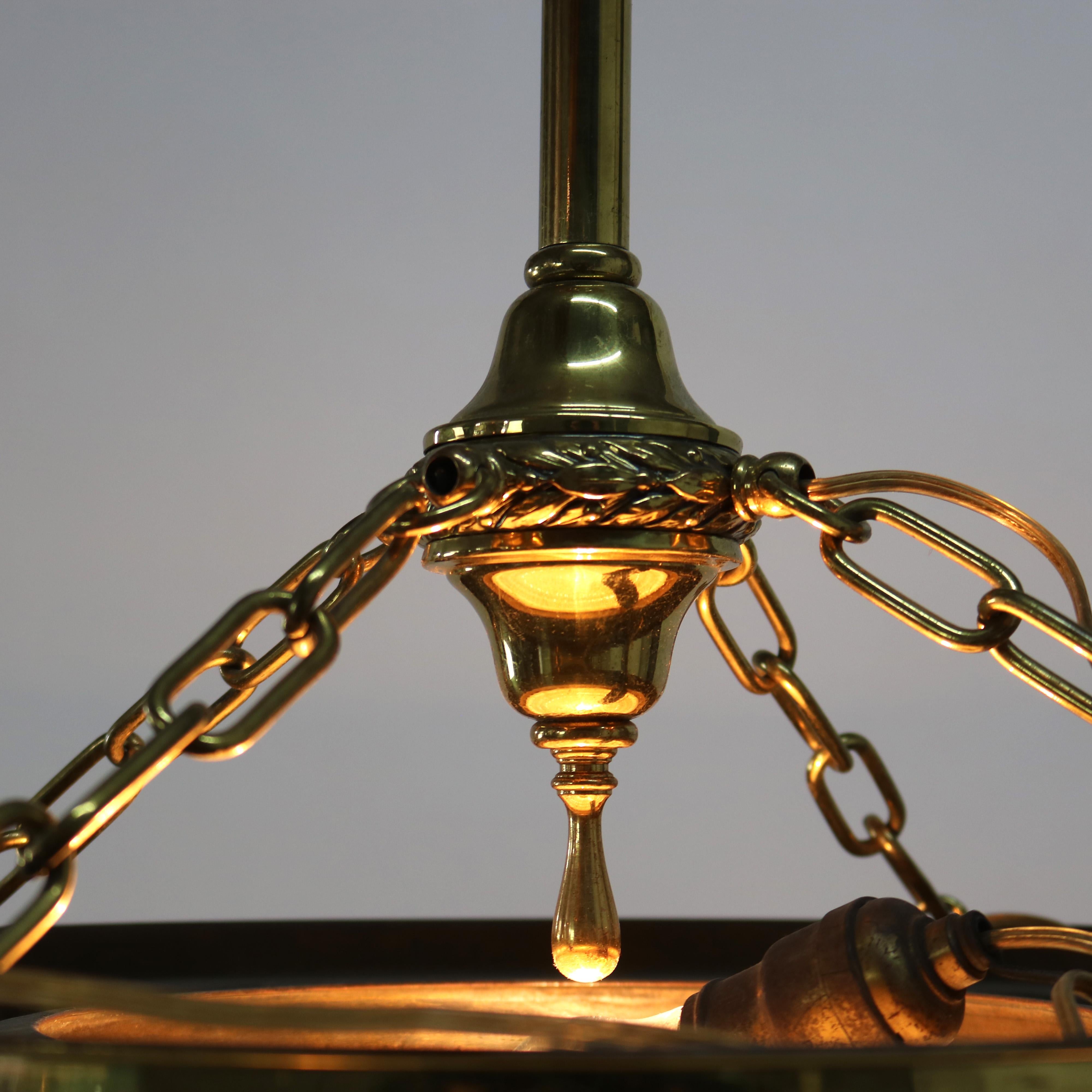 Antique Brass Hanging Fixture with Milk Glass Center Dome & Shades C1920 For Sale 4