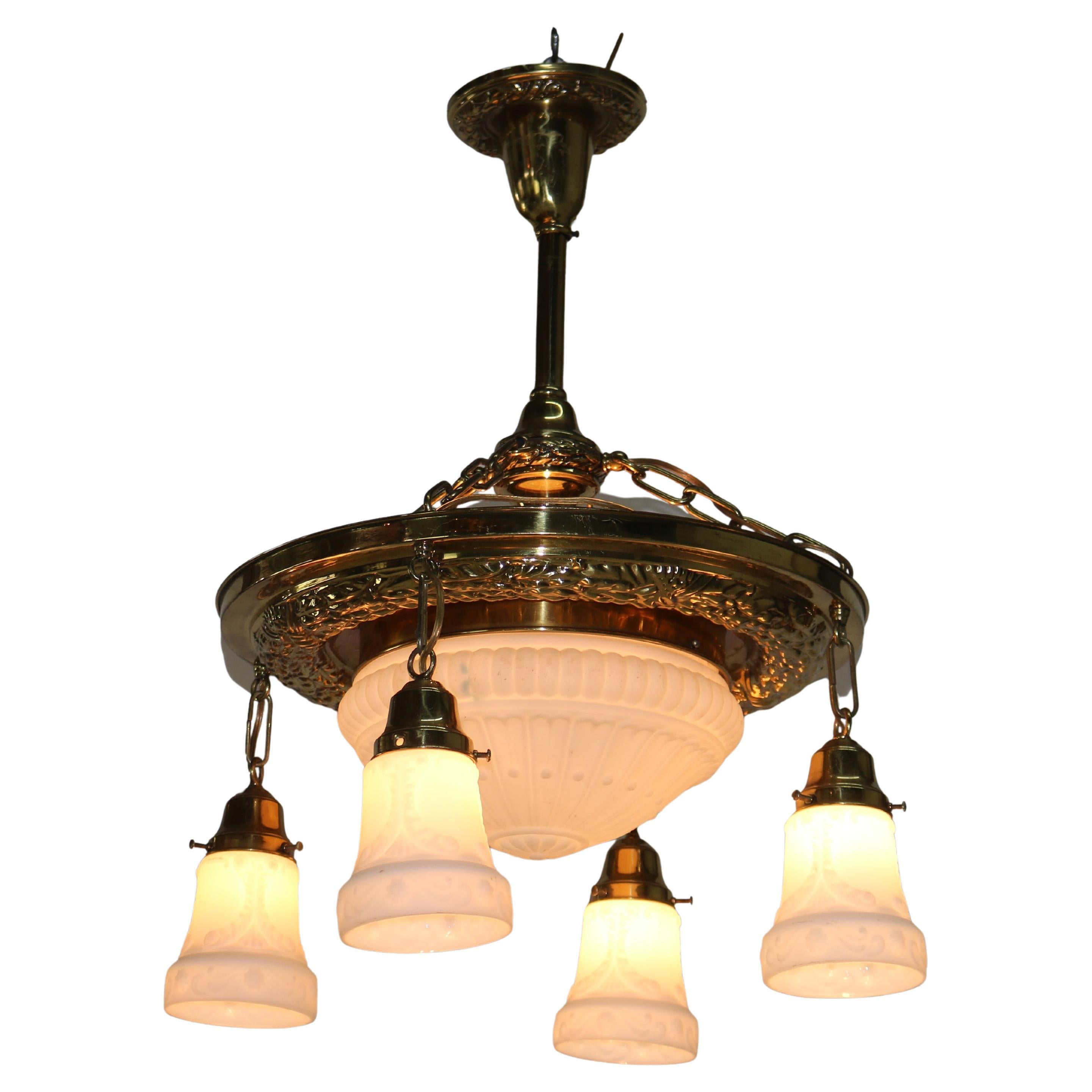 Antique Brass Hanging Fixture with Milk Glass Center Dome & Shades C1920