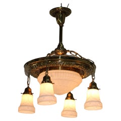 Antique Brass Hanging Fixture with Milk Glass Center Dome & Shades C1920